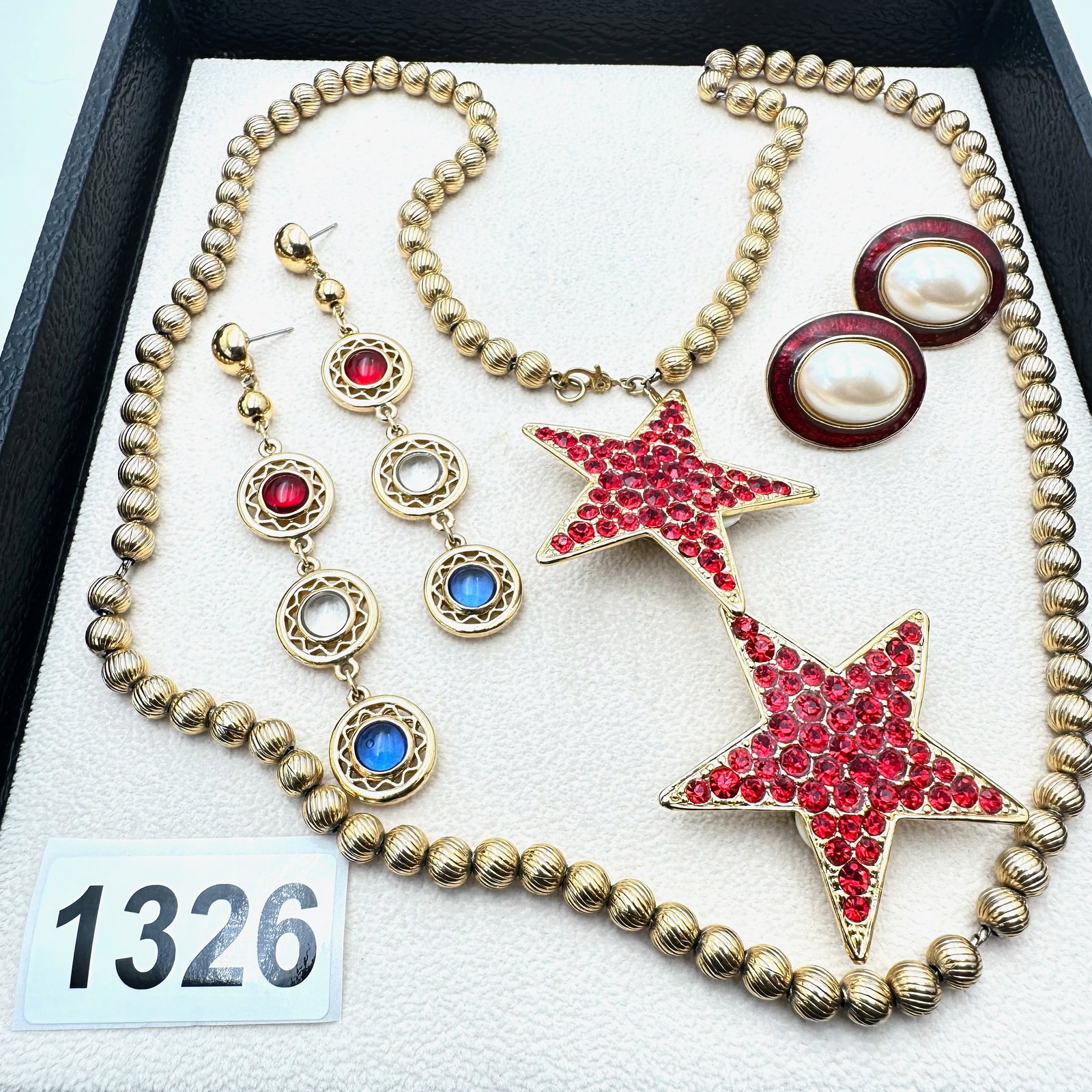 Vintage Jewelry Group Lot Monet Gold Tone Beads on Wire Necklace Crystal and Enamel Pierced and Clip: Vintage Jewelry Group Lot Monet Gold Tone Beads on Wire Necklace Crystal and Enamel Pierced and Clip Earrings Big Stars