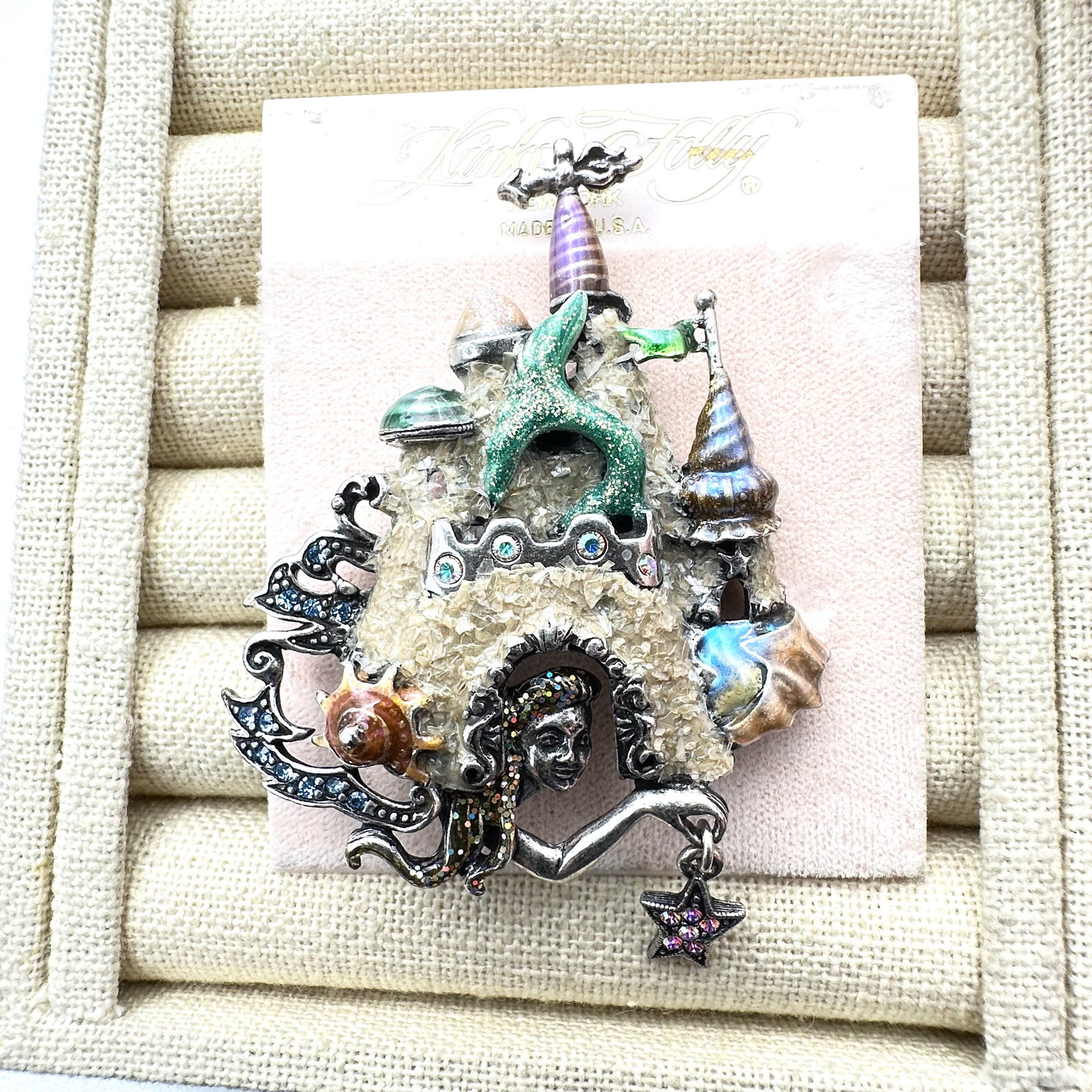 Vintage Kirks Folly Mermaid Sand Castle Silver tone Crystal Enamel Brooch Pin on Original Card (1 of 2)
