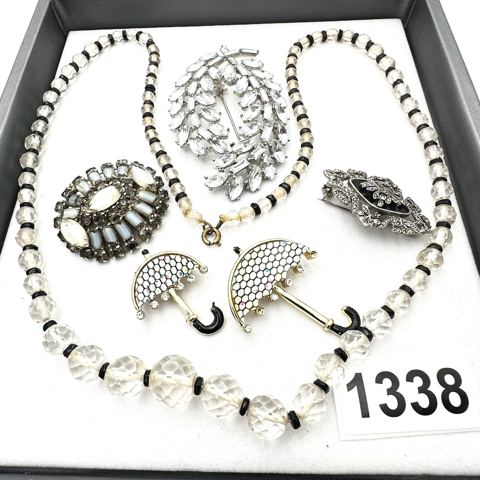 Vintage Jewelry Group Lot Art Deco Black and Clear Glass Bead Necklace Rhinestone Brooches (1 of 2)
