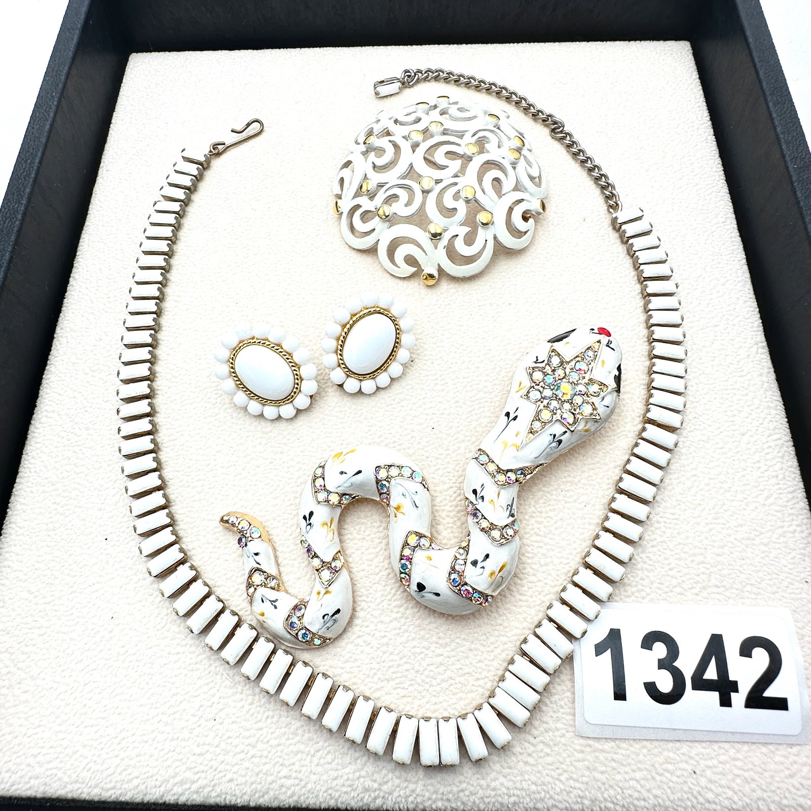 Vintage Jewelry Group Lot White Milk Glass Rhinestone Necklace Enamel Brooch Snake Pin Pendant Clip (1 of 2)