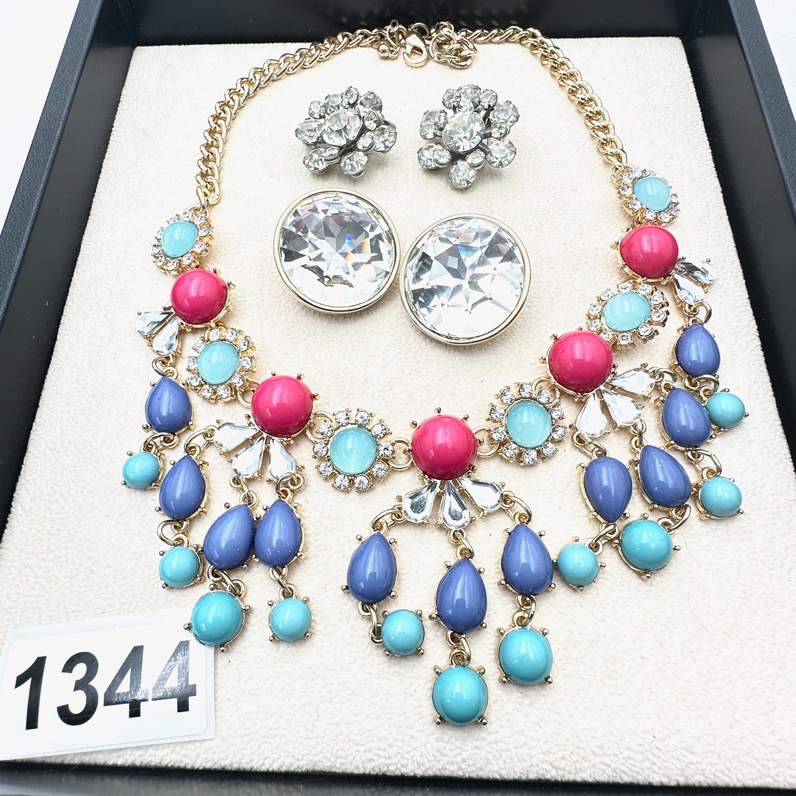 Vintage Jewelry Group Lot Bright Pink Purple Blue Gold Tone Necklace Clear Crystal Clip Earrings: Vintage Jewelry Group Lot Bright Pink Purple Blue Gold Tone Necklace Clear Crystal Clip Earrings