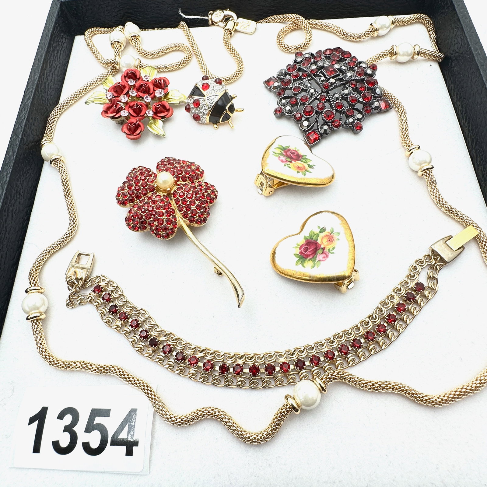 Vintage Jewelry Group Lot Red Rhinestone Brooches and Bracelet Ralph Lauren Necklace Clip Earrings: Vintage Jewelry Group Lot Red Rhinestone Brooches and Bracelet Ralph Lauren Necklace Clip Earrings
