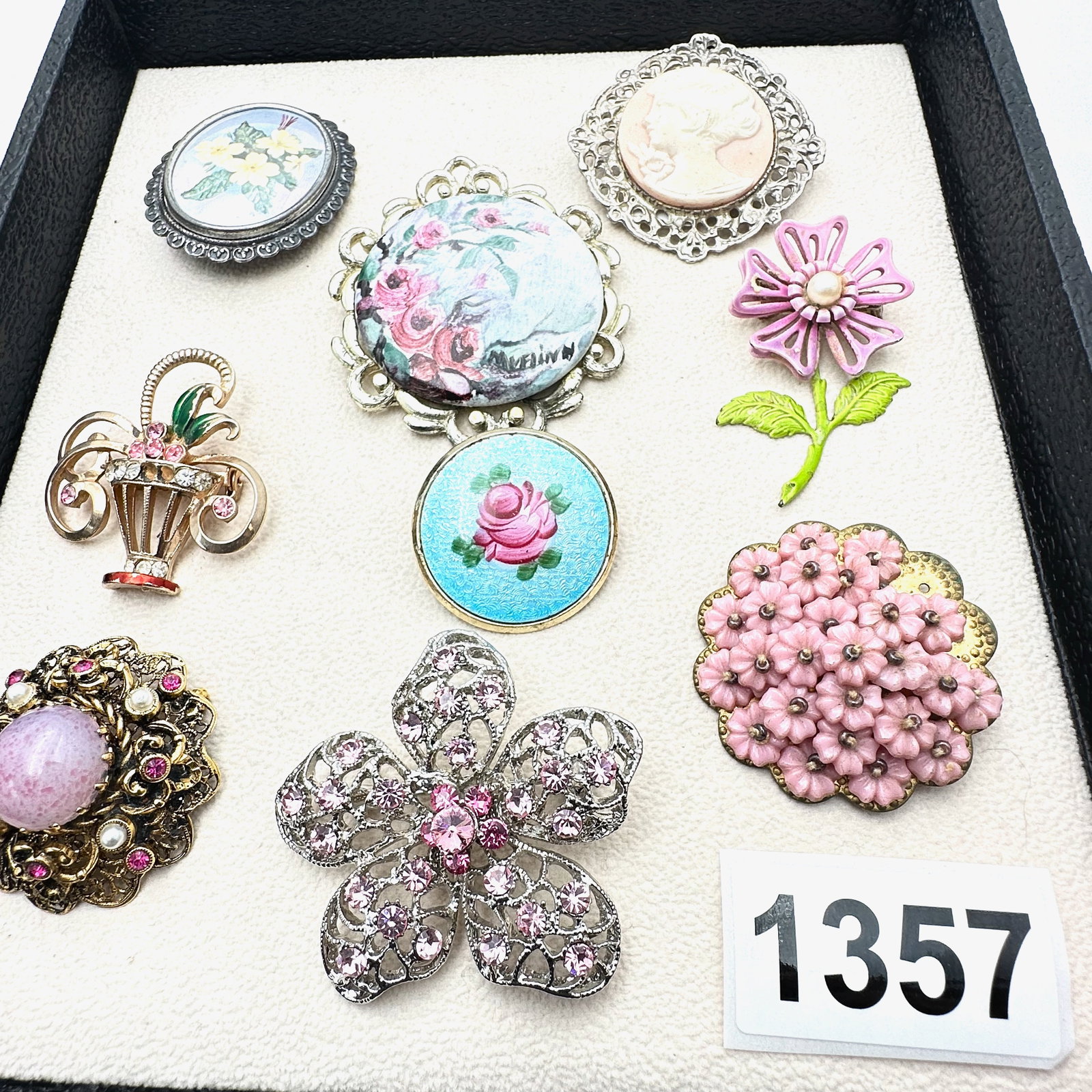 Vintage Jewelry Group Lot of Pins Brooches in Pastels and Pinks Guilloche Hand Painted Rhinestone (1 of 2)