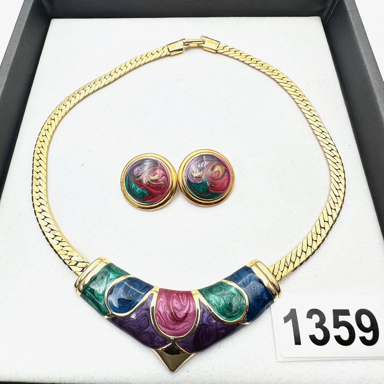 Vintage Jewelry Group Lot 1980s Glamour Necklace Pink Purple Blue Enamel and Coordinating Pierced: Vintage Jewelry Group Lot 1980s Glamour Necklace Pink Purple Blue Enamel and Coordinating Pierced Earrings