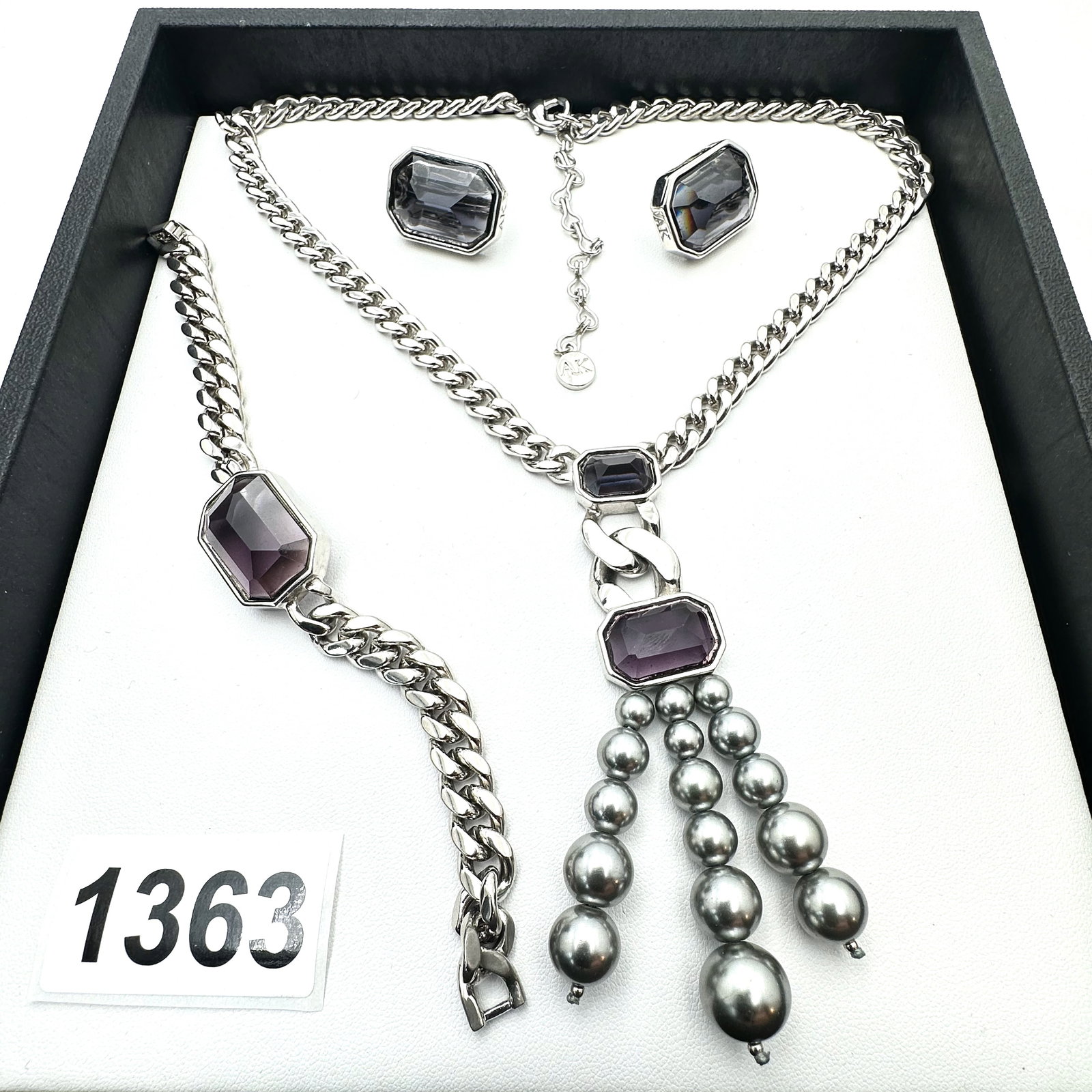 Vintage Jewelry Group Lot Anne Klein Set Purple Glass Stones Silver Tone Necklace Bracelet and Clip (1 of 2)