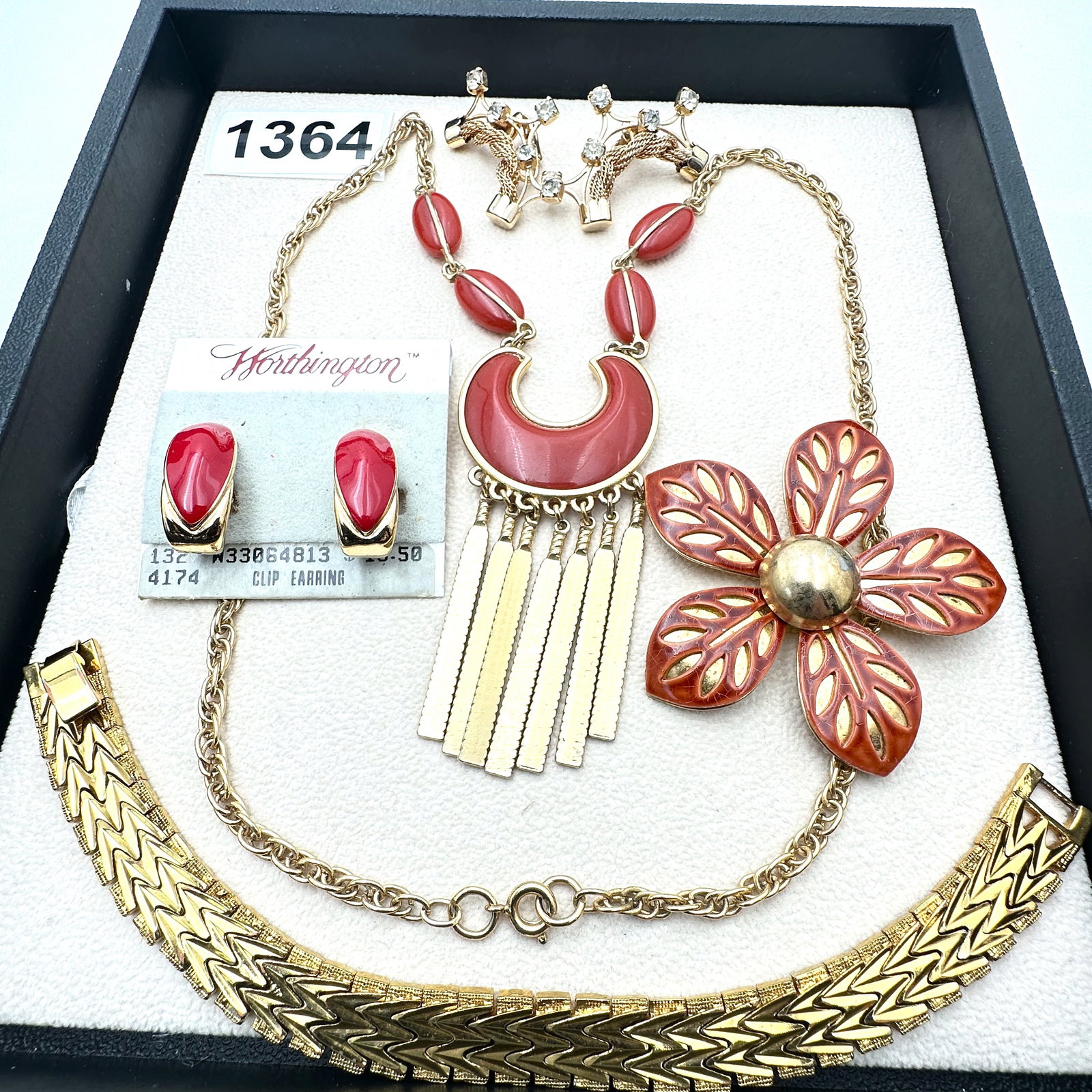Vintage Jewelry Group Lot Red and Gold Tone Necklace Bracelets Retro Flower Brooch and Earrings (1 of 2)