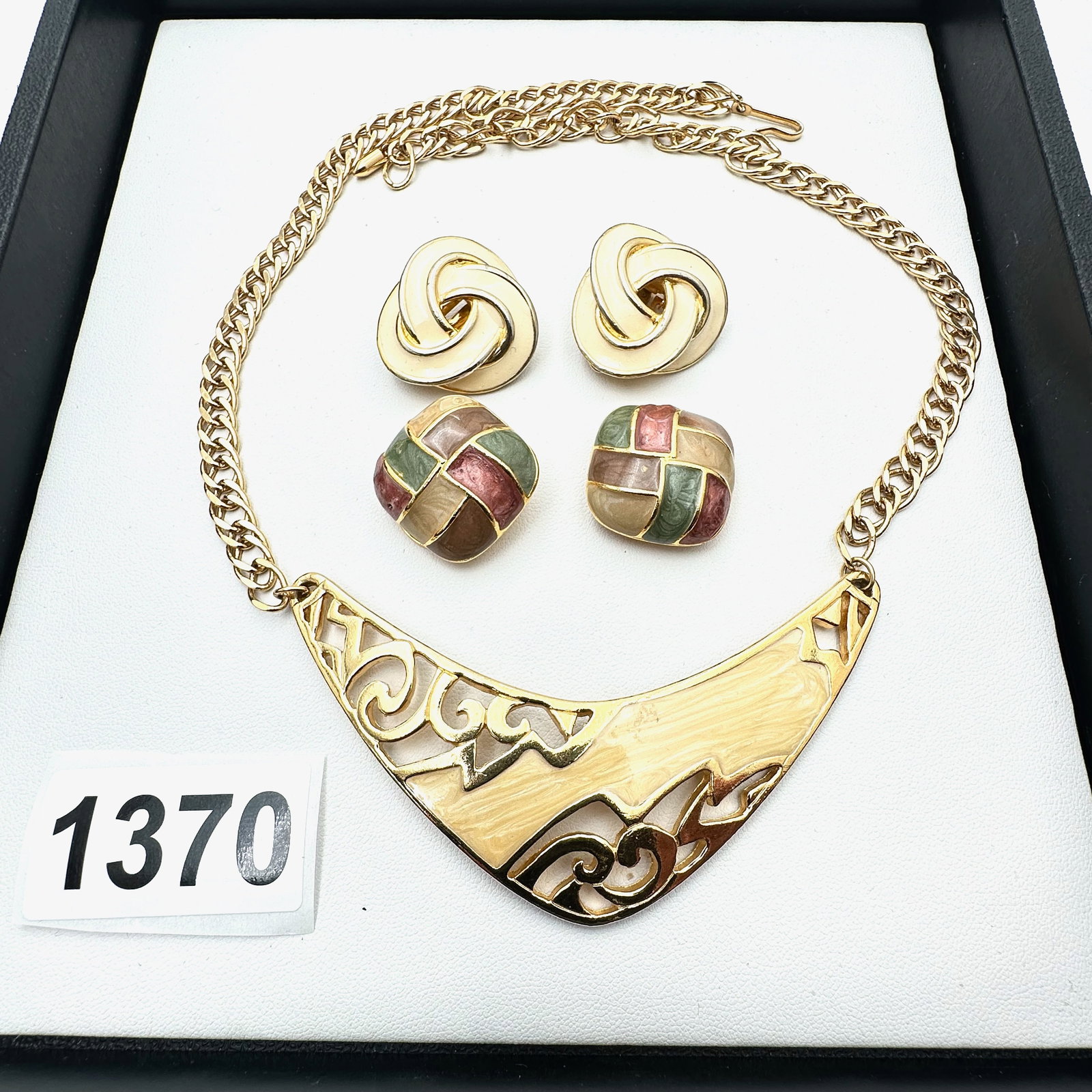 Vintage Jewelry Group Lot Gold Tone Enamel Necklace Two Pair of Coordinating Clip Earrings: Vintage Jewelry Group Lot Gold Tone Enamel Necklace Two Pair of Coordinating Clip Earrings