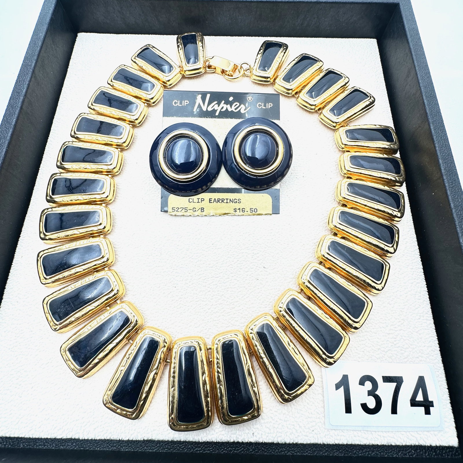 Vintage Jewelry Group Lot Napier Earrings on Original Card Navy Blue Gold Tone Wide Statement (1 of 2)