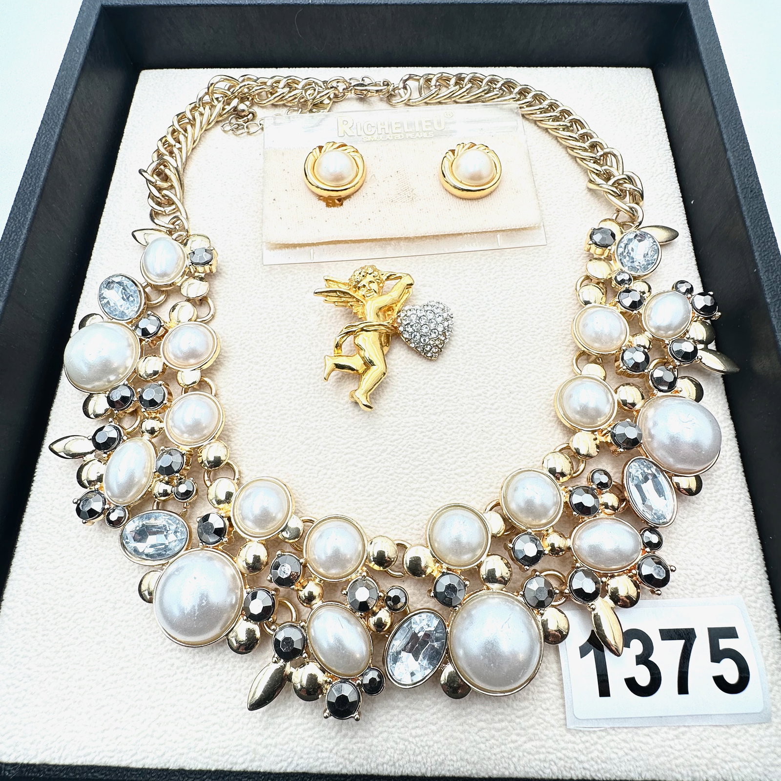 Vintage Jewelry Group Lot Richelieu Clip Earrings on Original Card Cupid Heart Brooch Crystal Pearl: Vintage Jewelry Group Lot Richelieu Clip Earrings on Original Card Cupid Heart Brooch Crystal Pearl Necklace