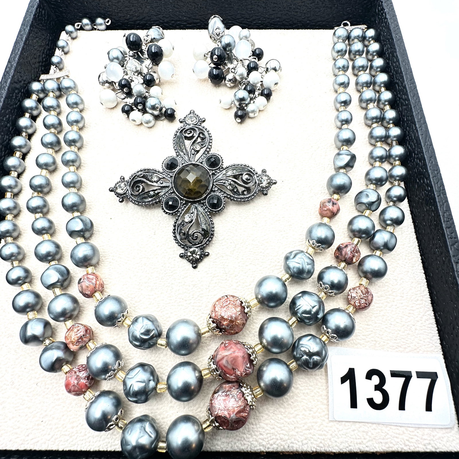 Vintage Jewelry Group Lot MCM Multistrand Necklace Maltese Cross Brooch Clip Earrings (1 of 2)