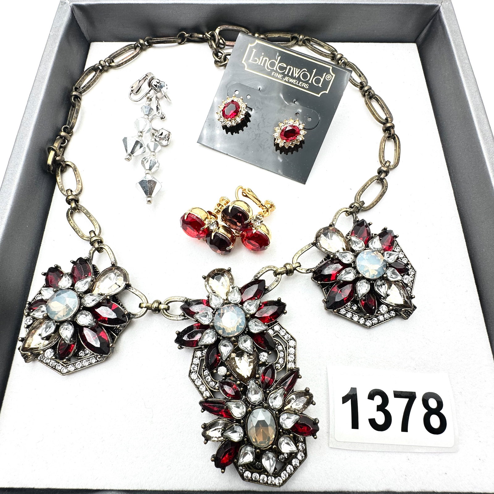 Vintage Jewelry Group Lot Red and Clear Crystal Necklace and Coordinating Earrings: Vintage Jewelry Group Lot Red and Clear Crystal Necklace and Coordinating Earrings