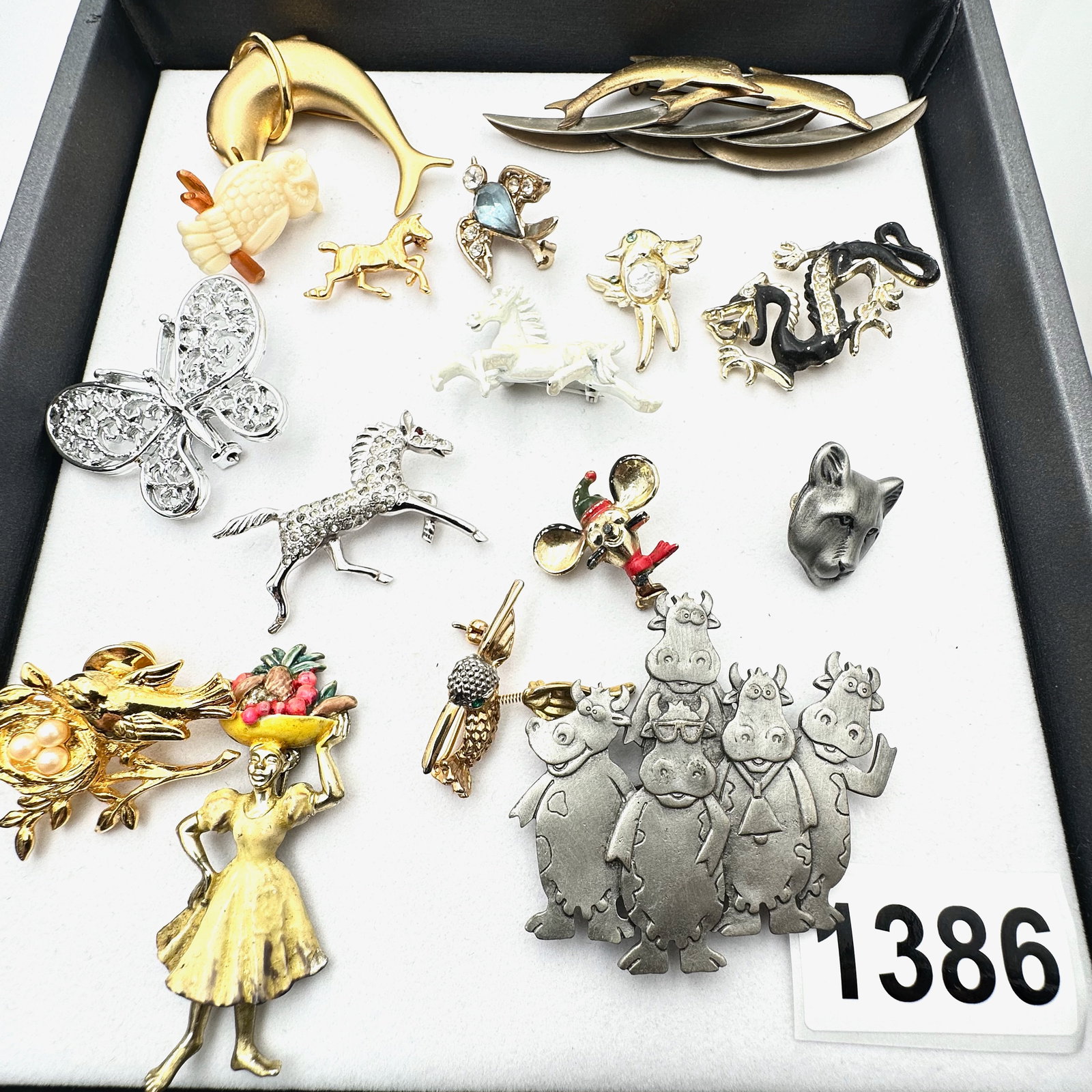 Vintage Jewelry Group Lot of Figural Animal Brooches and Pins Dragon Owl Butterfly Horse Cows (1 of 2)