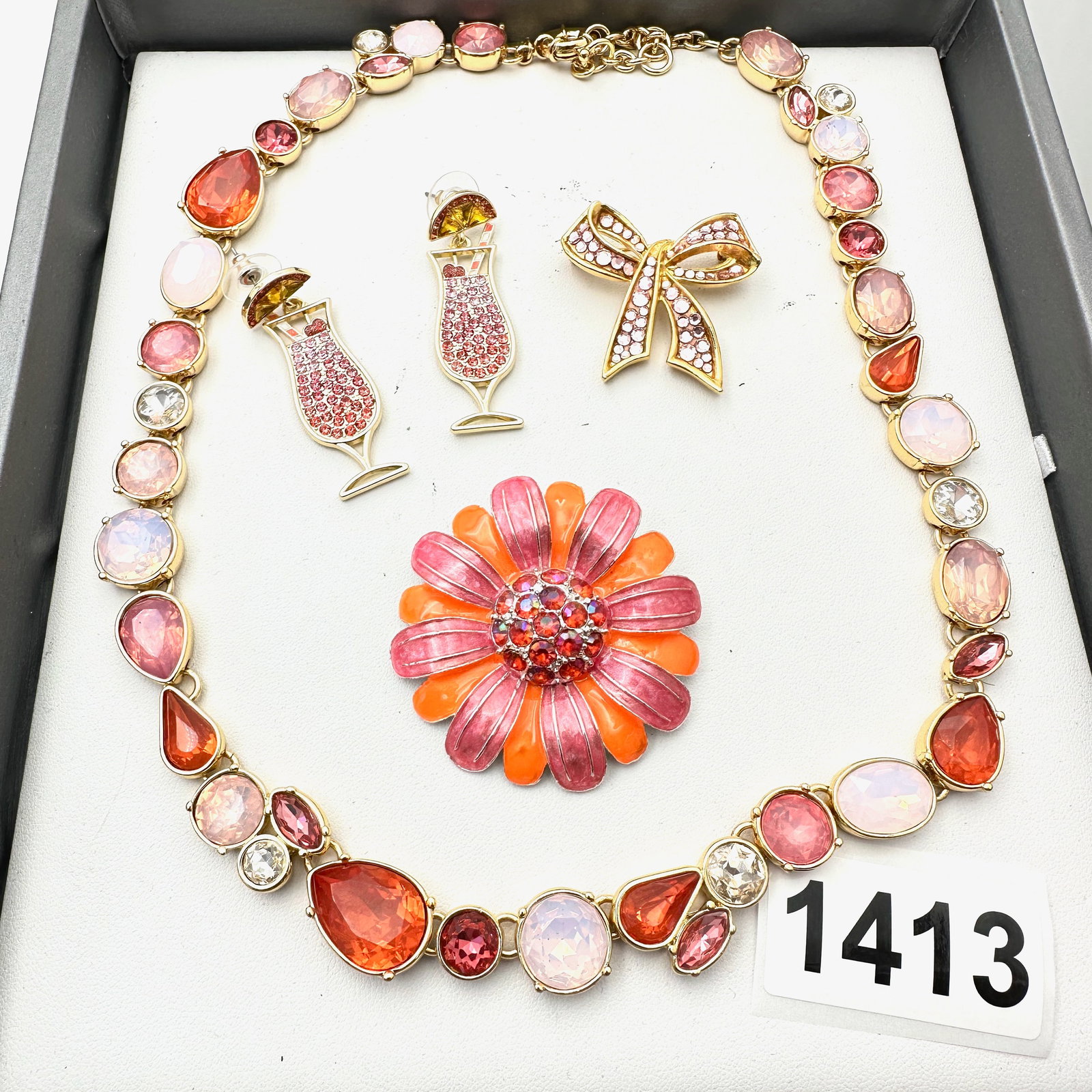 Vintage Jewelry Group Lot Pink Enamel Flower Brooch Tropical Drink Earrings Crystal Necklace (1 of 2)