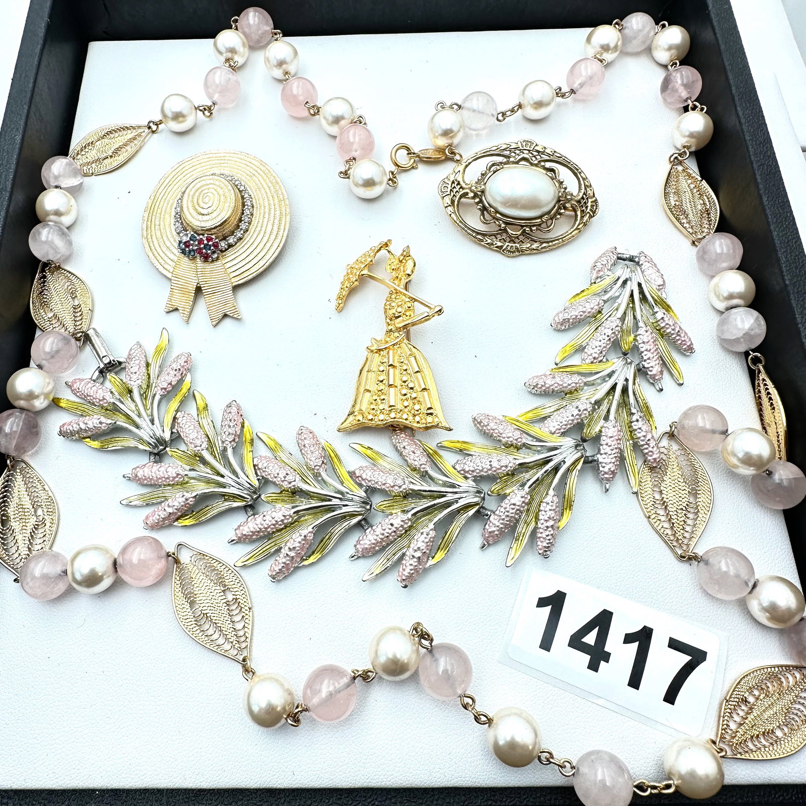 Vintage Jewelry Group Lot BSK Bracelet 1928 Brand Brooch Napier Necklace Rose Quartz Beads: Vintage Jewelry Group Lot BSK Bracelet 1928 Brand Brooch Napier Necklace Rose Quartz Beads