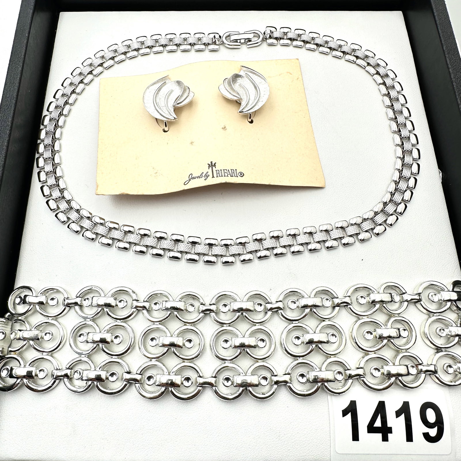 Vintage Jewelry Group Lot Trifari Earrings Monet Necklace Silver Tone Statement Bracelet (1 of 2)