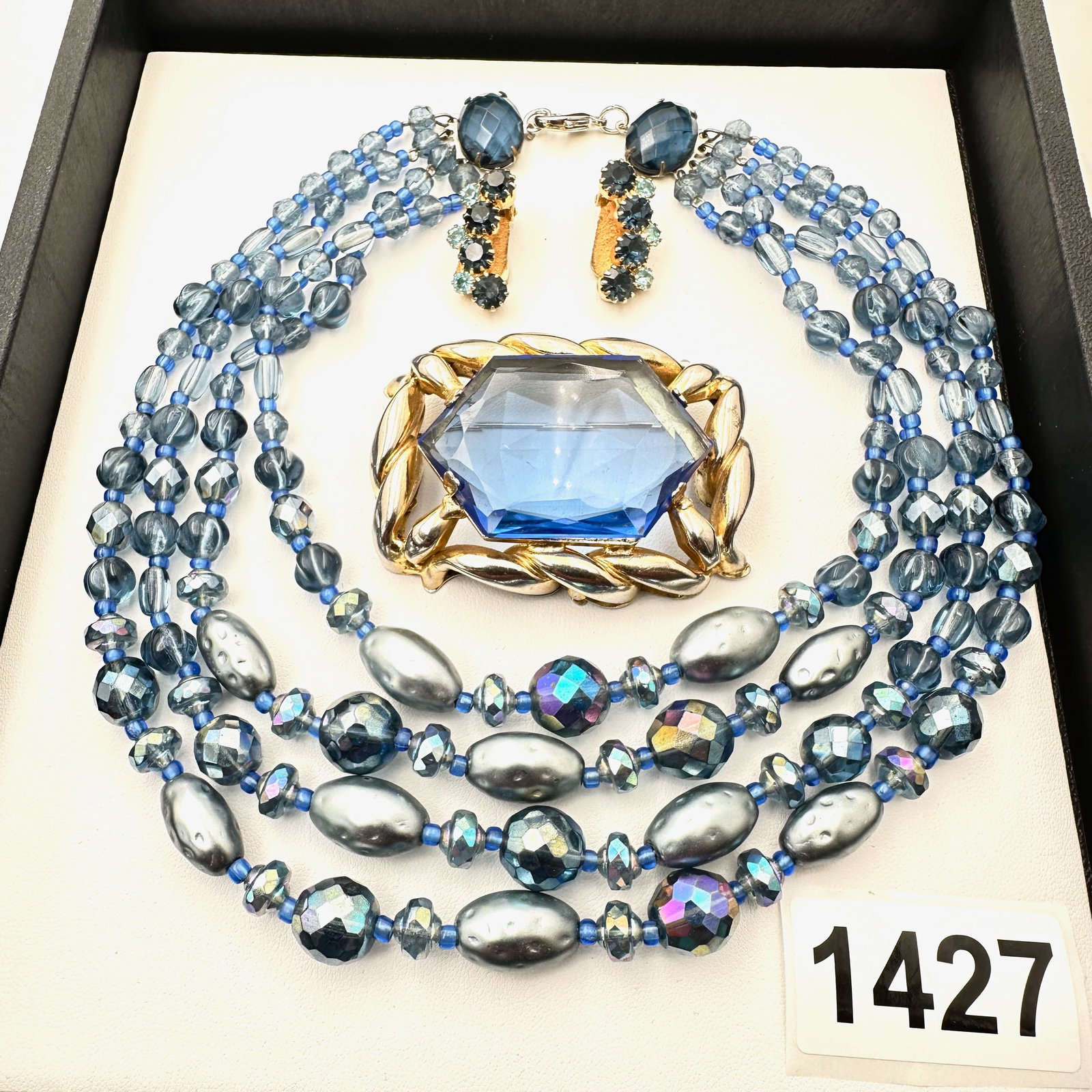 Vintage Jewelry Group Lot Art Deco Blue Glass Brooch Pin Multi Strand Necklace and Clip Earrings: Vintage Jewelry Group Lot Art Deco Blue Glass Brooch Pin Multi Strand Necklace and Clip Earrings