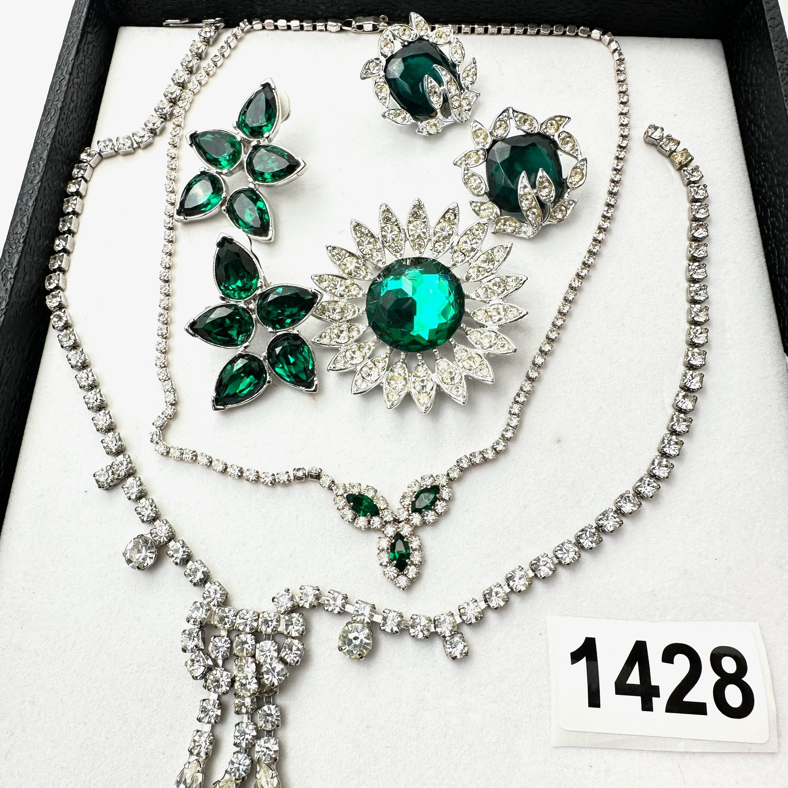 Vintage Jewelry Group Lot Emerald Green Rhinestone Necklaces Brooch and Clip Earrings (1 of 2)