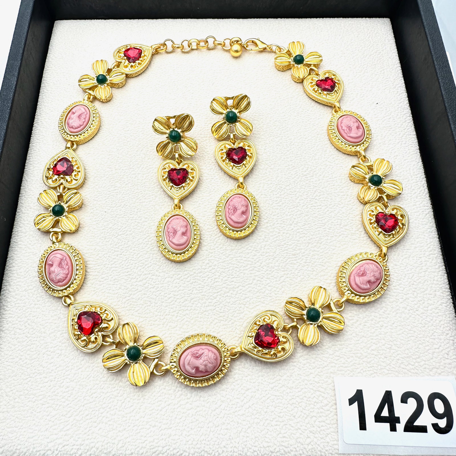 Vintage Jewelry Group Lot Pink Cameo Crystal Matte Gold Tone Necklace and Pierced Earrings Set (1 of 2)