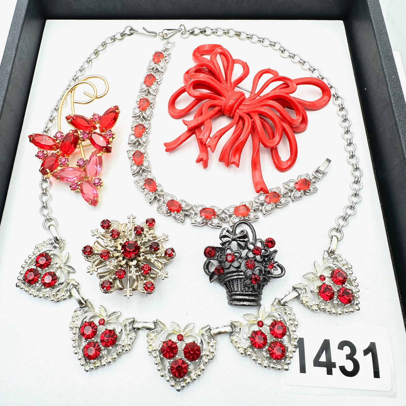 Vintage Jewelry Group Lot Red Glass Rhinestone Heart Necklace Bracelet Early Plastic Lucite Bow (1 of 2)