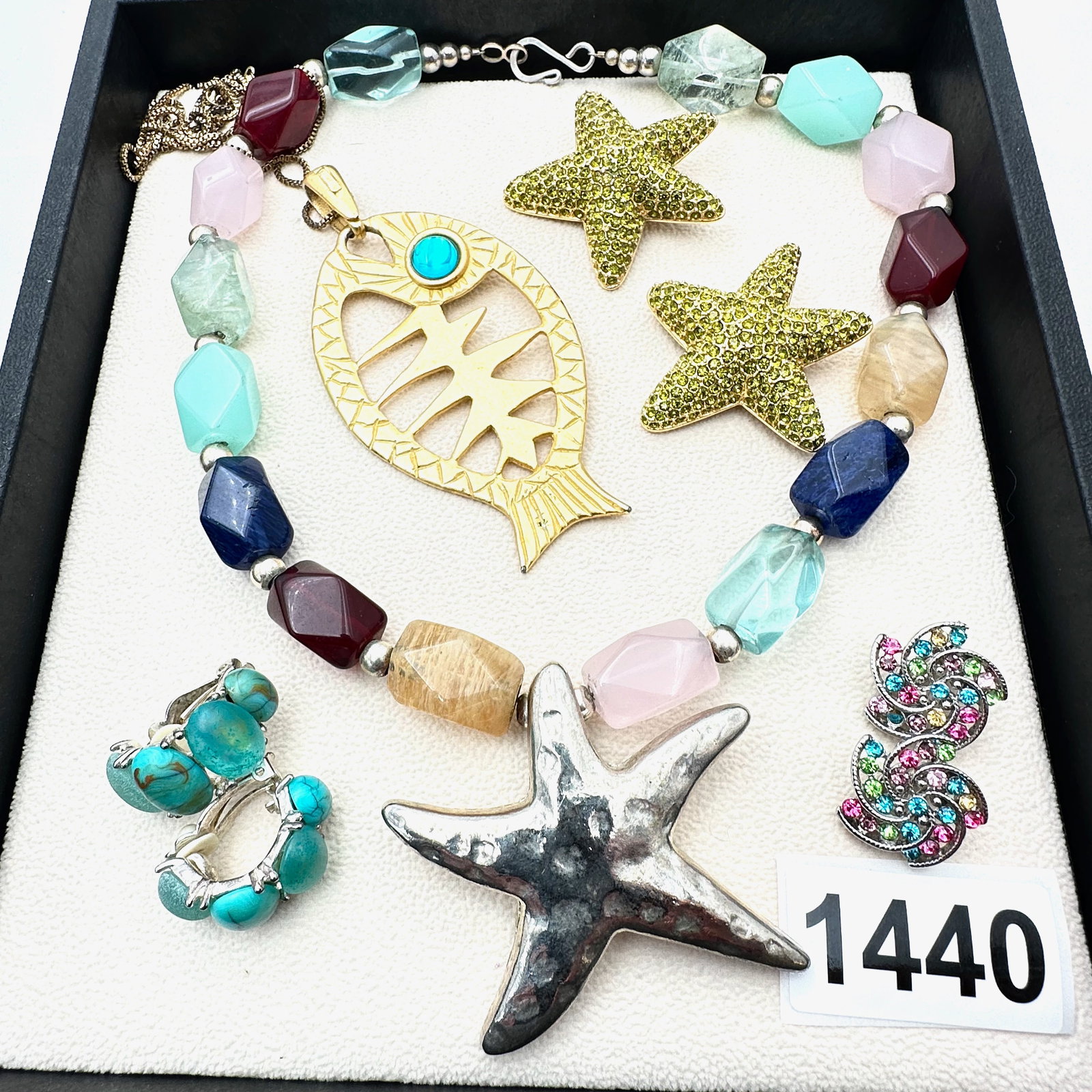 Vintage Jewelry Group Lot Natural Gemstone Starfish Necklace Green Rhinestone Earrings Fish Necklace (1 of 2)