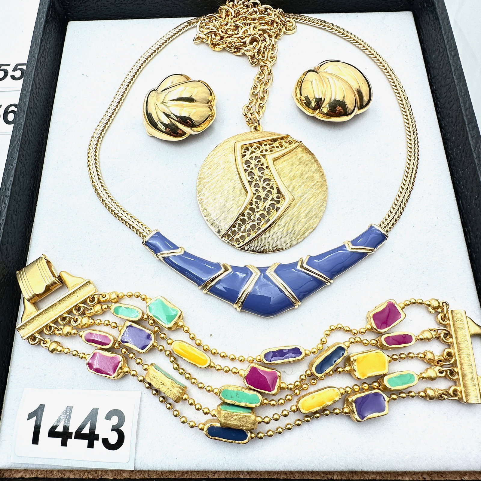 Vintage Jewelry Group Lot Multicolor Enamel Bracelet Purple Enamel Necklace Gold Tone Clip Earrings (1 of 2)