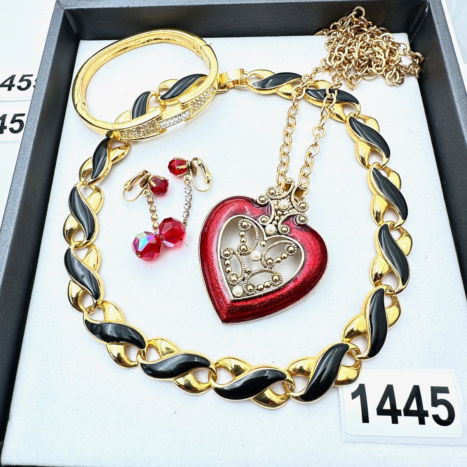 Jewelry Group Lot Red Enamel Heart Necklace Crystal Bracelet Enamel Necklace Red Crystal Earrings (1 of 2)