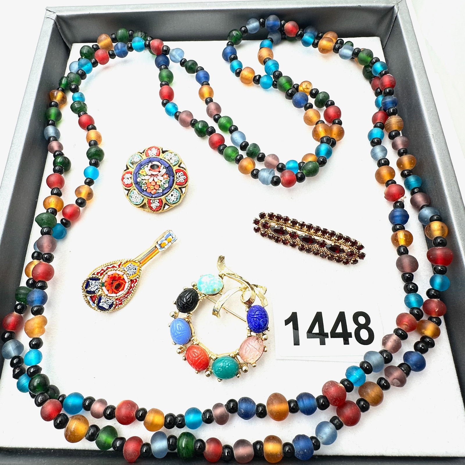 Vintage Jewelry Group Lot Micro Mosaic Brooches Scarab Brooch Czech Glass Brooch Glass Bead Necklace (1 of 2)