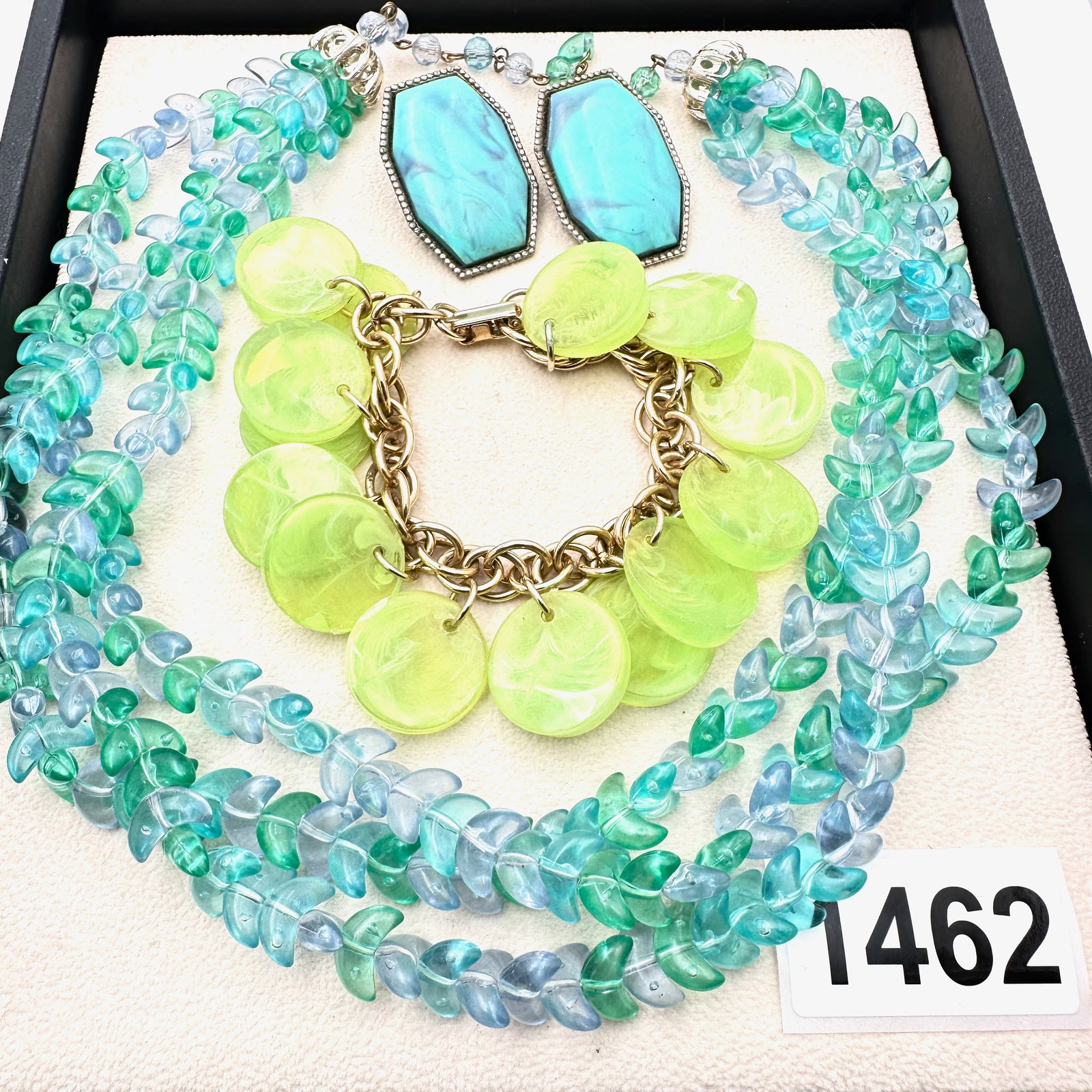 Vintage Jewelry Group Lot Early Plastic Lucite Multi Strand Necklace Clip Earrings Green Swirl Charm: Vintage Jewelry Group Lot Early Plastic Lucite Multi Strand Necklace Clip Earrings Green Swirl Charm Bracelet