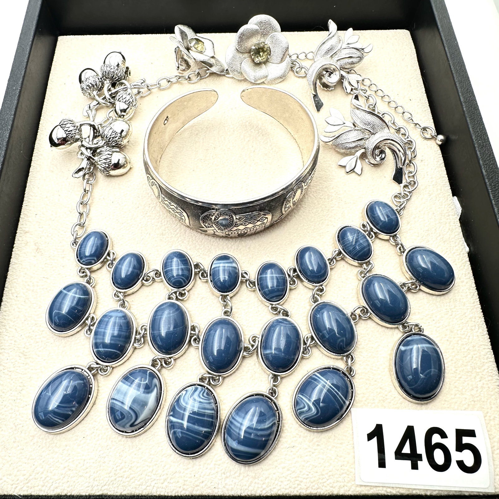 Vintage Jewelry Group Lot Elephant Cuff Bracelet Blue Statement Necklace Silver Tone Clip Earrings (1 of 2)