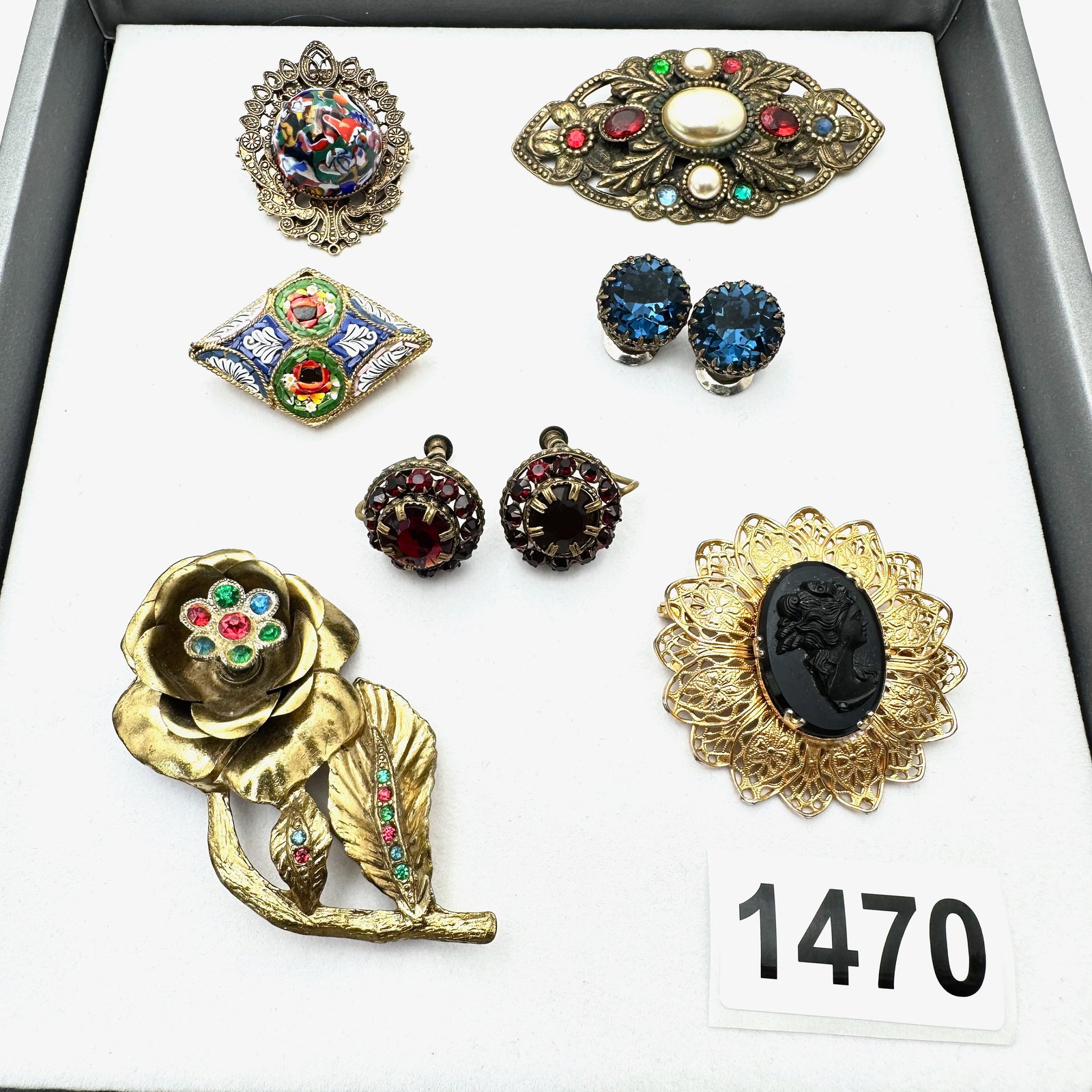 Vintage Jewelry Group Lot Micro Mosaic Pin Black Cameo Brooch Czech Glass Earrings Millefiori Brooch (1 of 2)