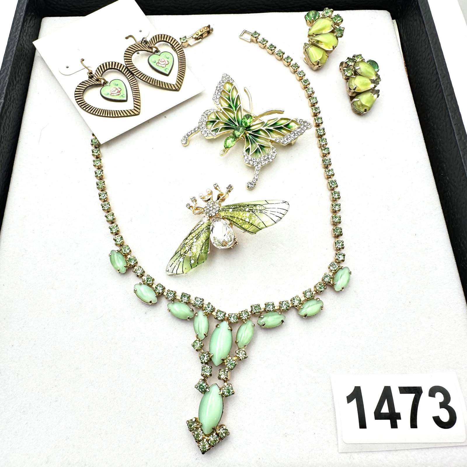 Vintage Jewelry Group Lot Anne Koplik Earrings Green Rhinestone Necklace Clip Earrings Butterfly (1 of 2)