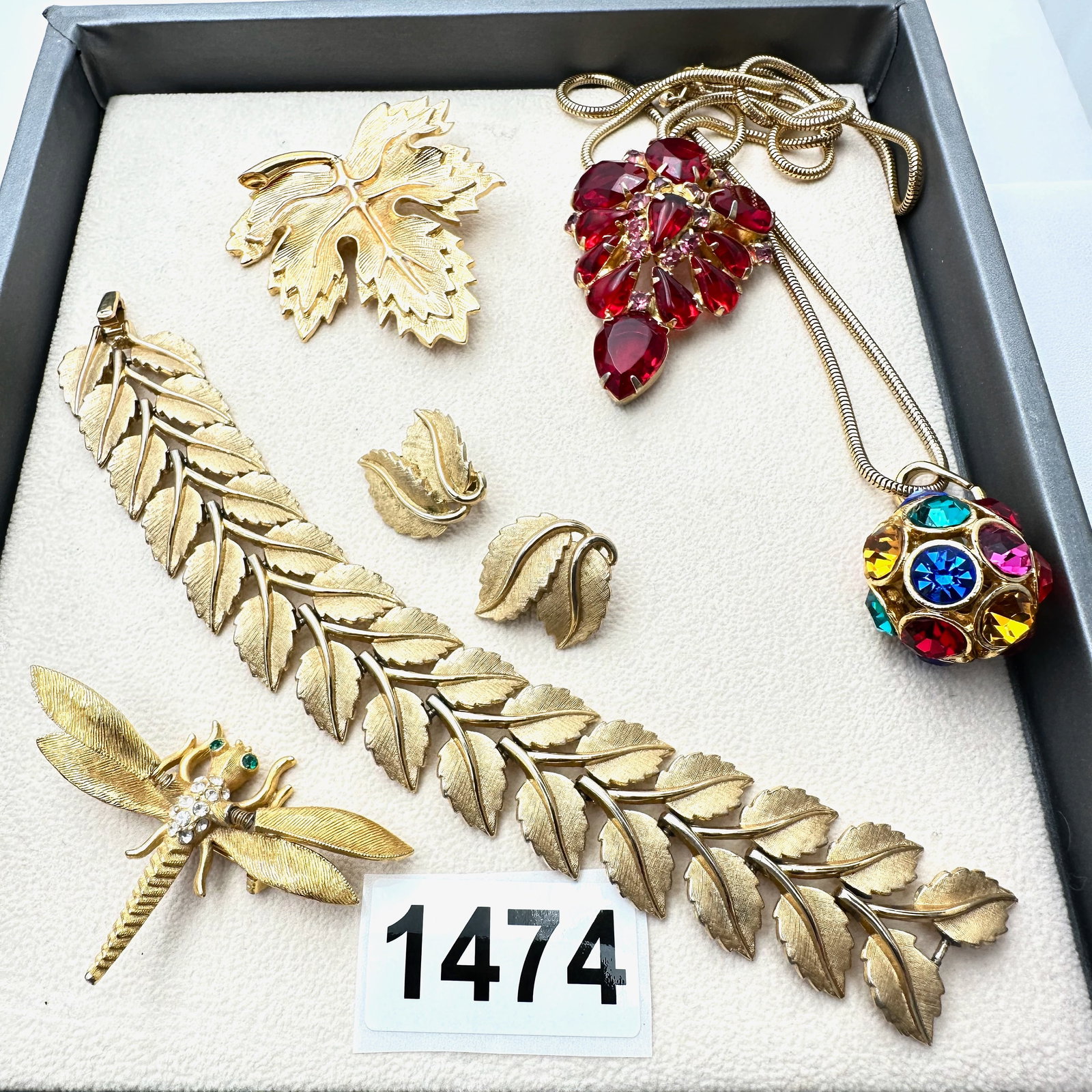 Vintage Jewelry Group Lot Trifari Bracelet and Clip Earrings Red Rhinestone Brooch Pin Crystal Ball (1 of 2)