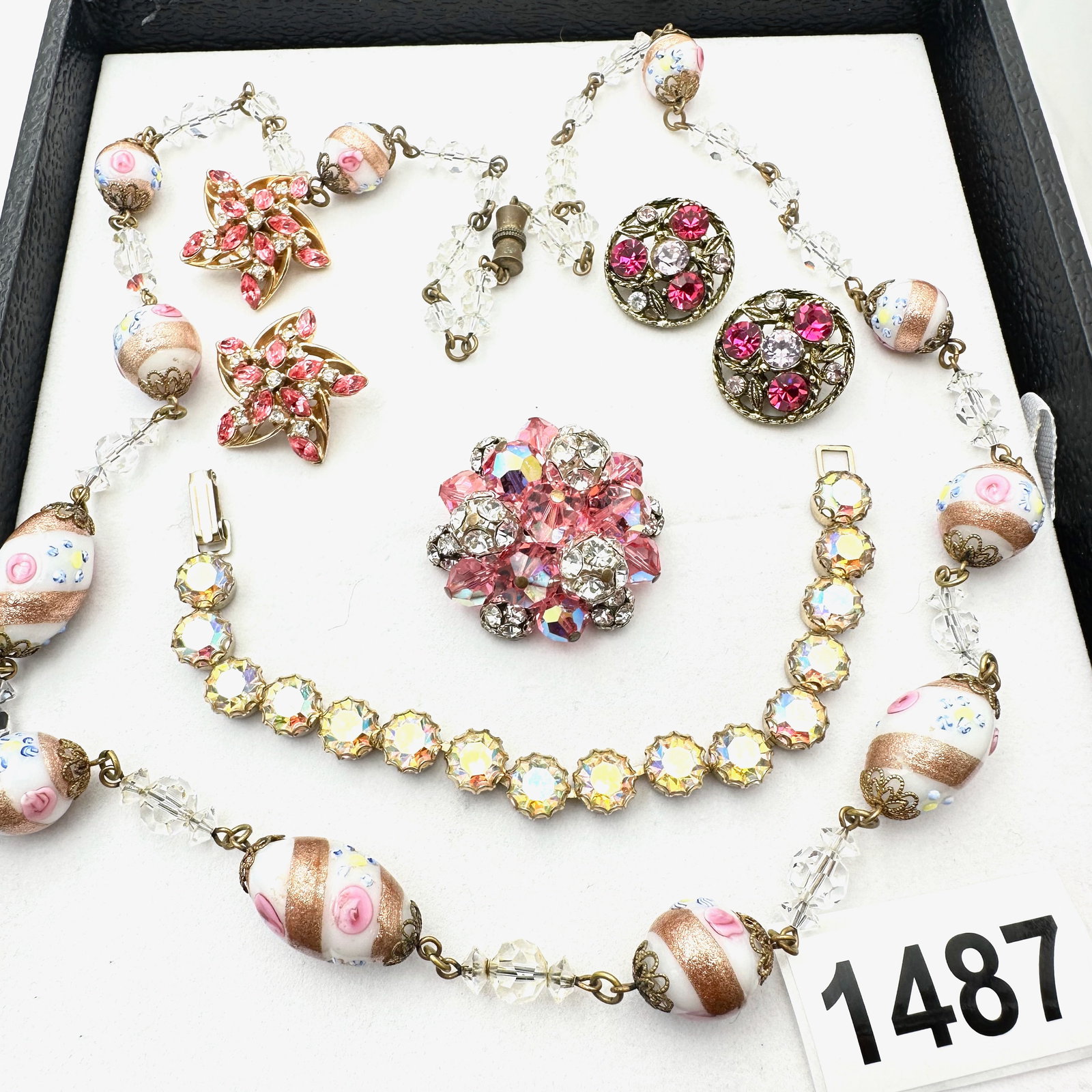 Vintage Jewelry Group Lot Wedding Cake Glass Bead Necklace Pink Crystal Brooch Clip Earrings And (1 of 2)
