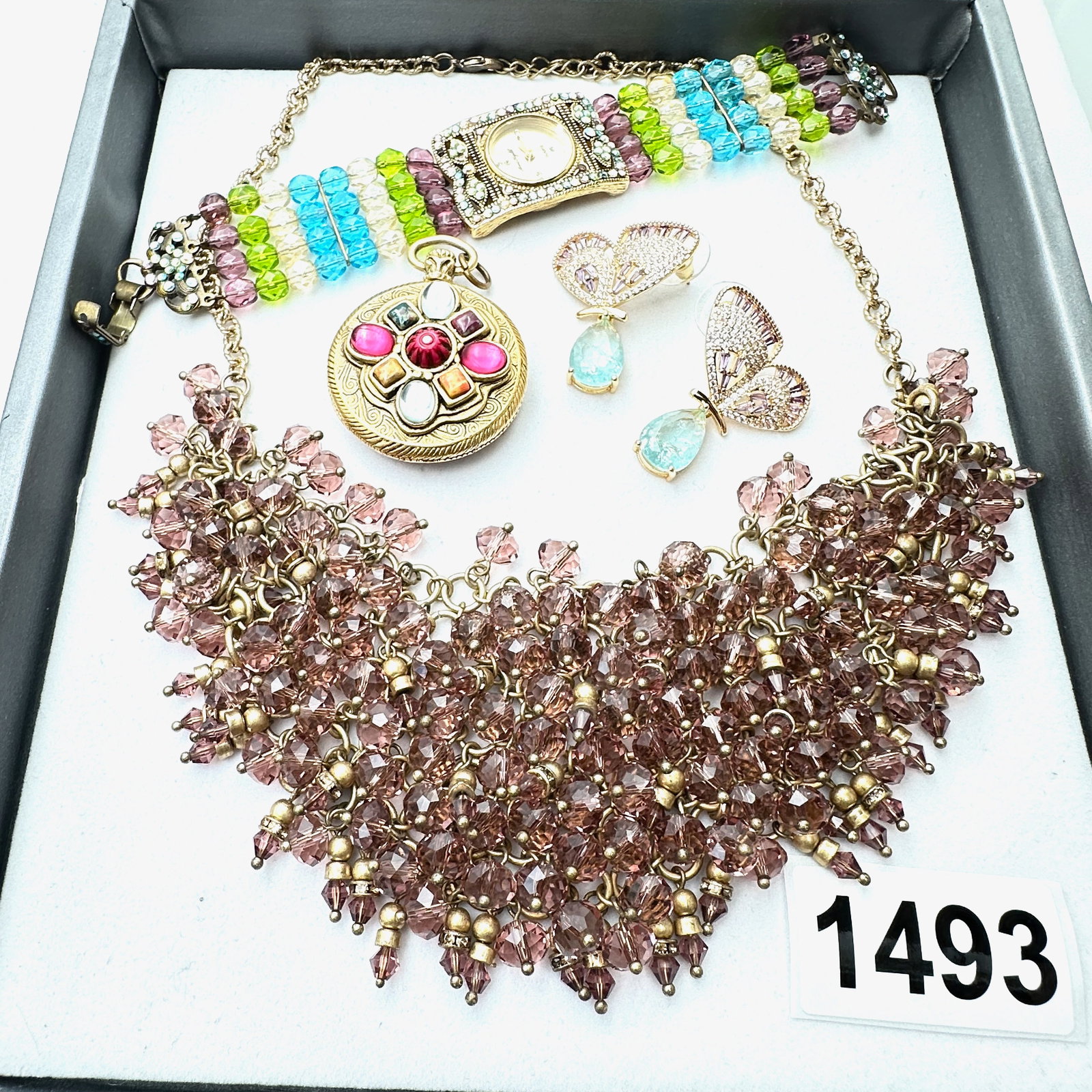 Vintage Jewelry Group Lot Anne Koplik Crystal Watch Butterfly Earrings Purple Crystal Necklace: Vintage Jewelry Group Lot Anne Koplik Crystal Watch Butterfly Earrings Purple Crystal Necklace Pendant