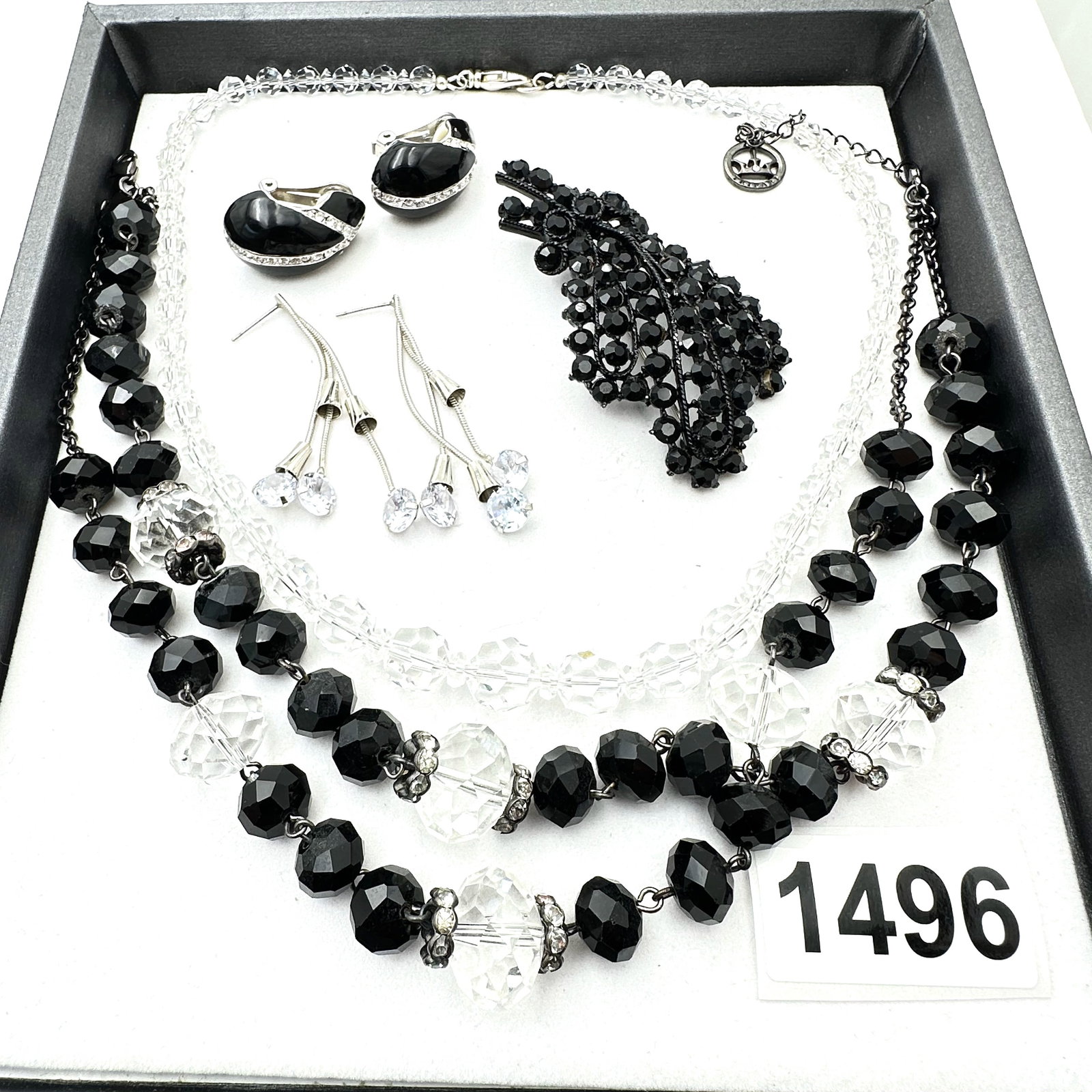 Vintage Jewelry Group Lot Black and Clear Crystal Trifari Necklace Chandelier Earrings Enamel (1 of 2)