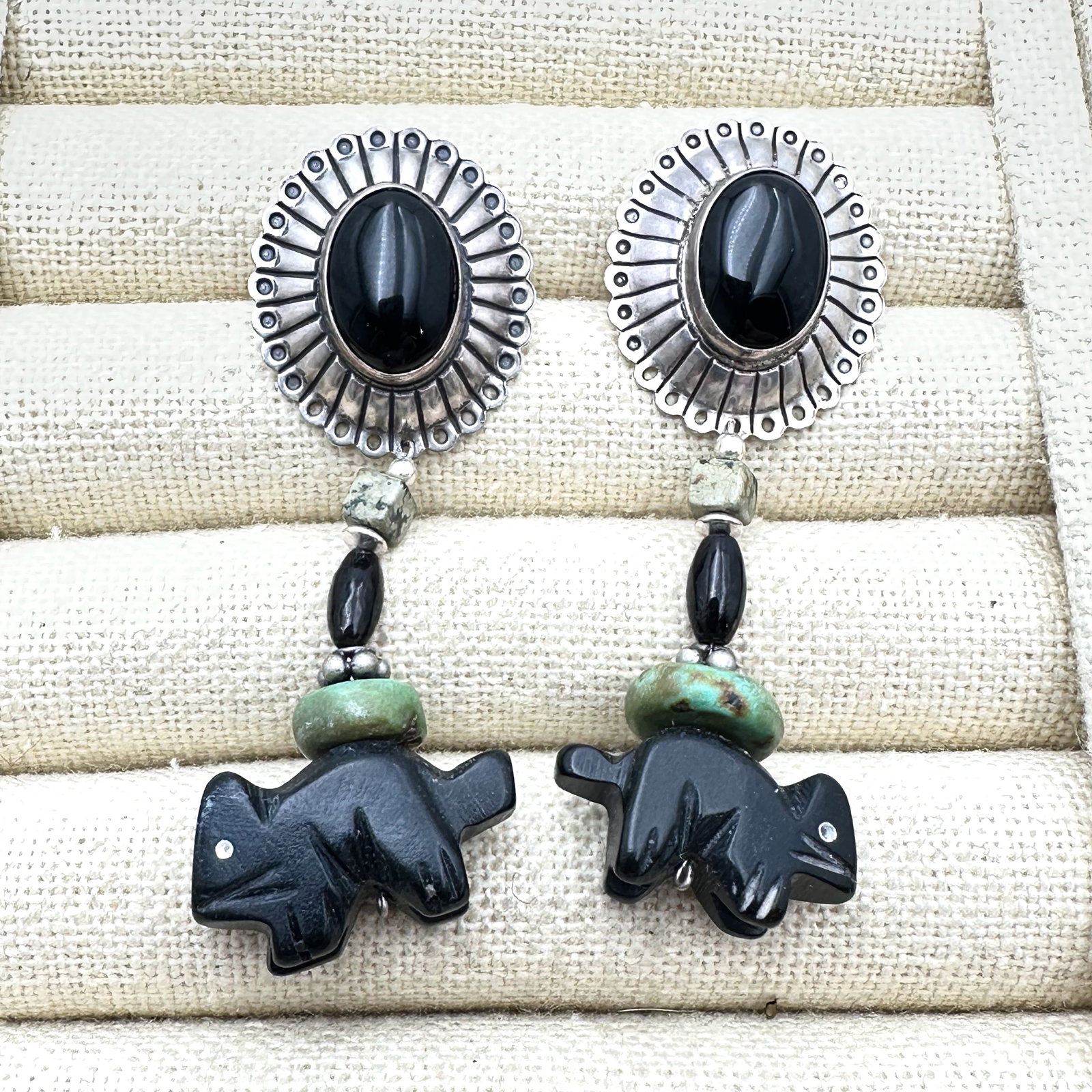 American Southwest Carved Fetish Bear Black Onyx Turquoise Sterling Silver Pierced Earrings 2 Inch (1 of 2)