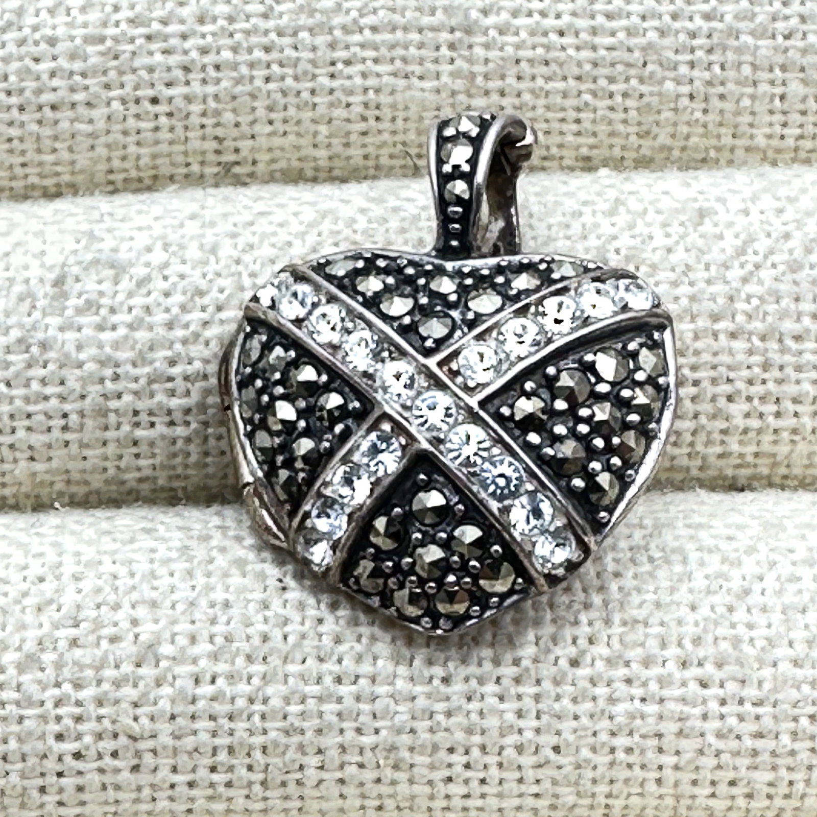 CZ and Marcasite Sterling Silver Heart Locket Pendant for Necklace 1 1/4 Inch (1 of 2)