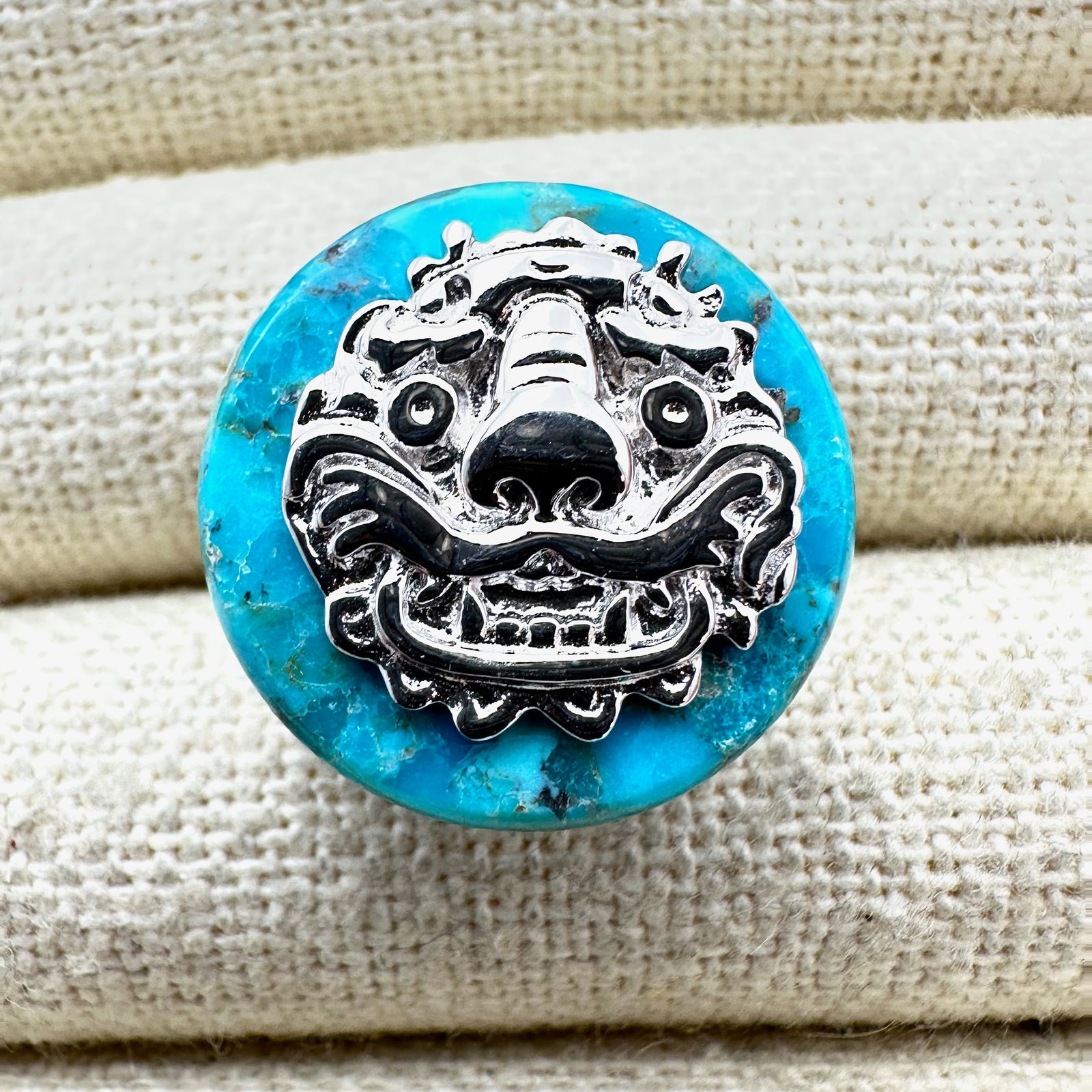 Asian Foo Dog Dragon Blue Turquoise Sterling Silver Ring Size 6 (1 of 2)