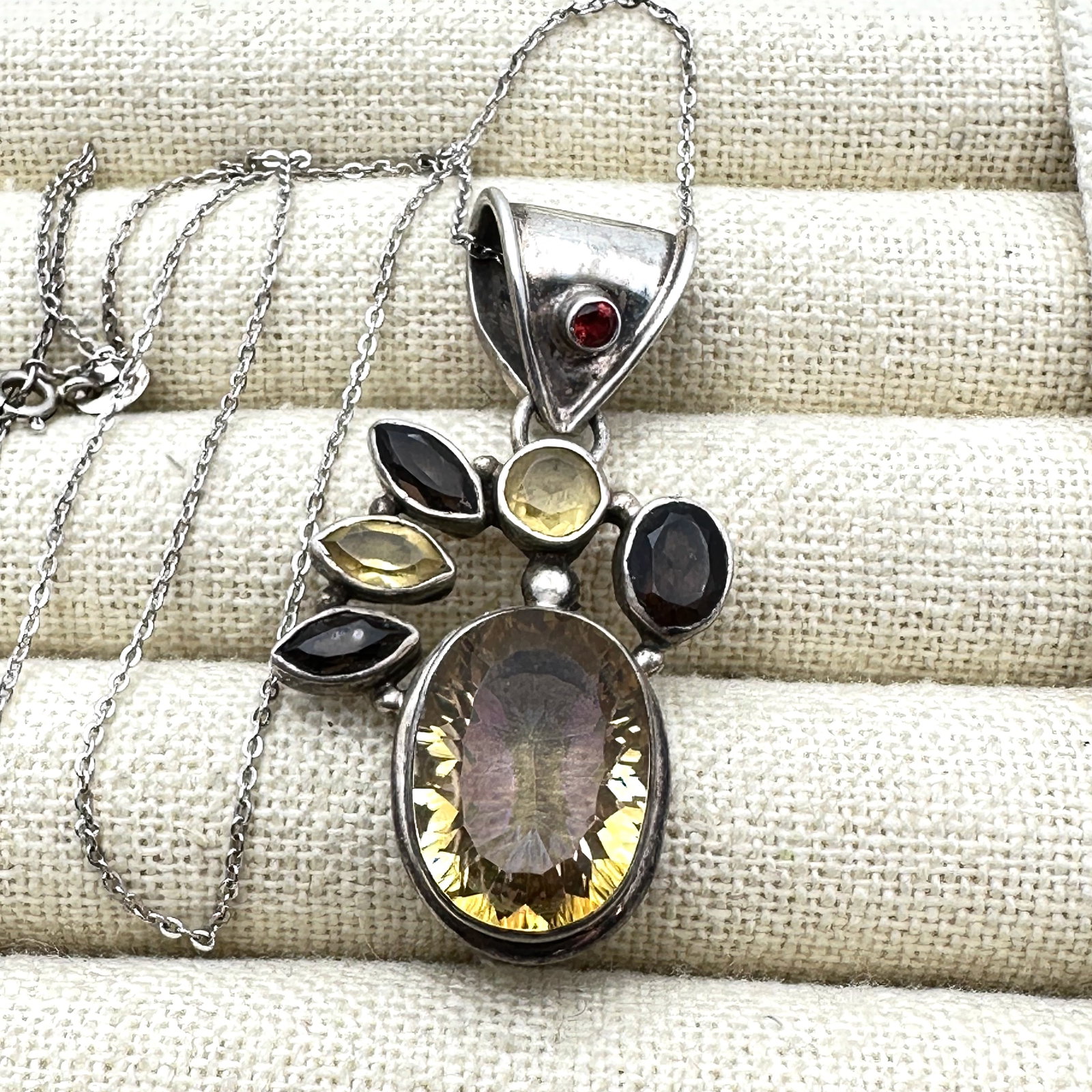 Multi Gemstone Sterling Silver 1.75 Inch Pendant Necklace Citrine Amethyst 17 Inch Chain (1 of 2)