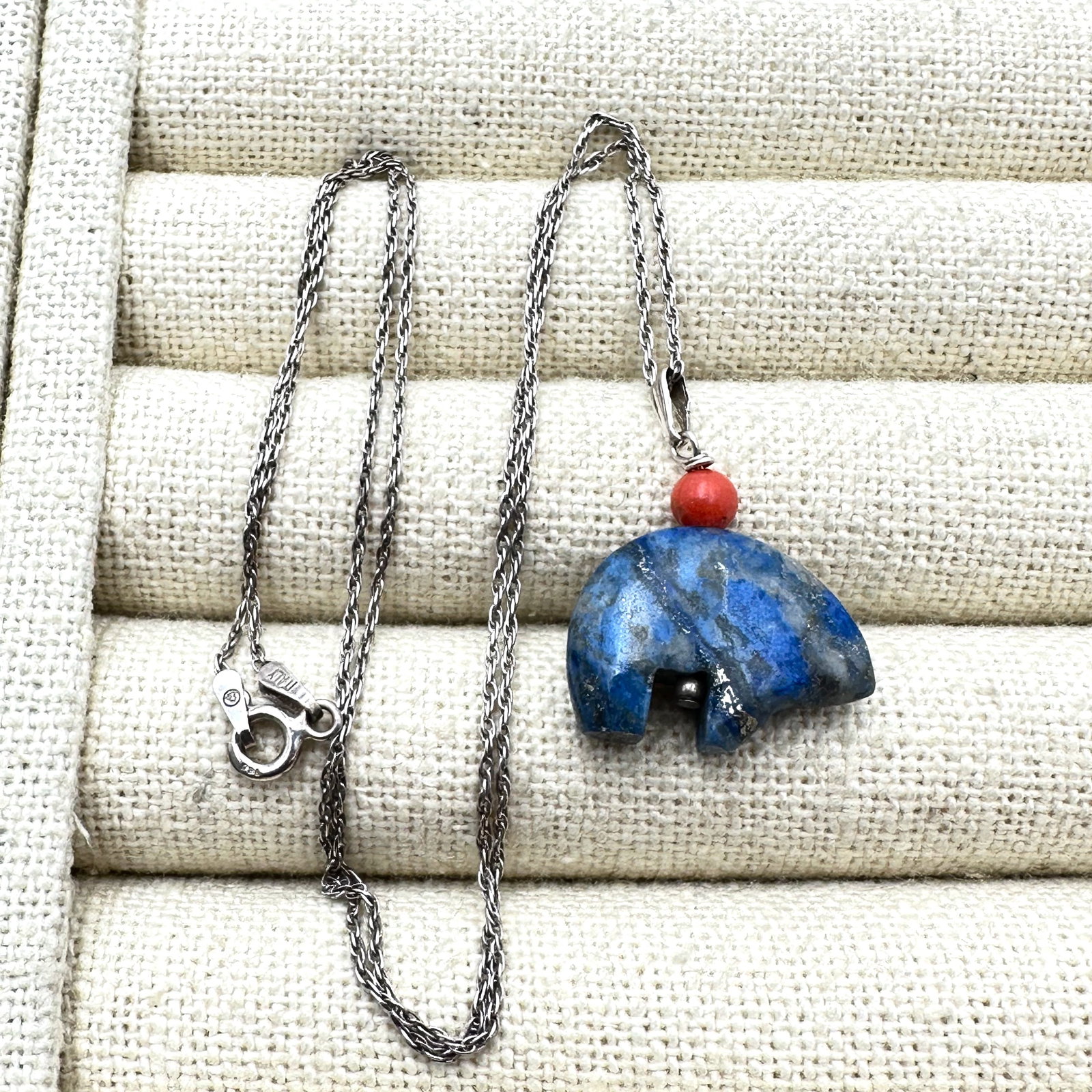 Denim Lapis Fetish Bear Pendant Necklace Sterling Silver 18 Inch Chain (1 of 2)