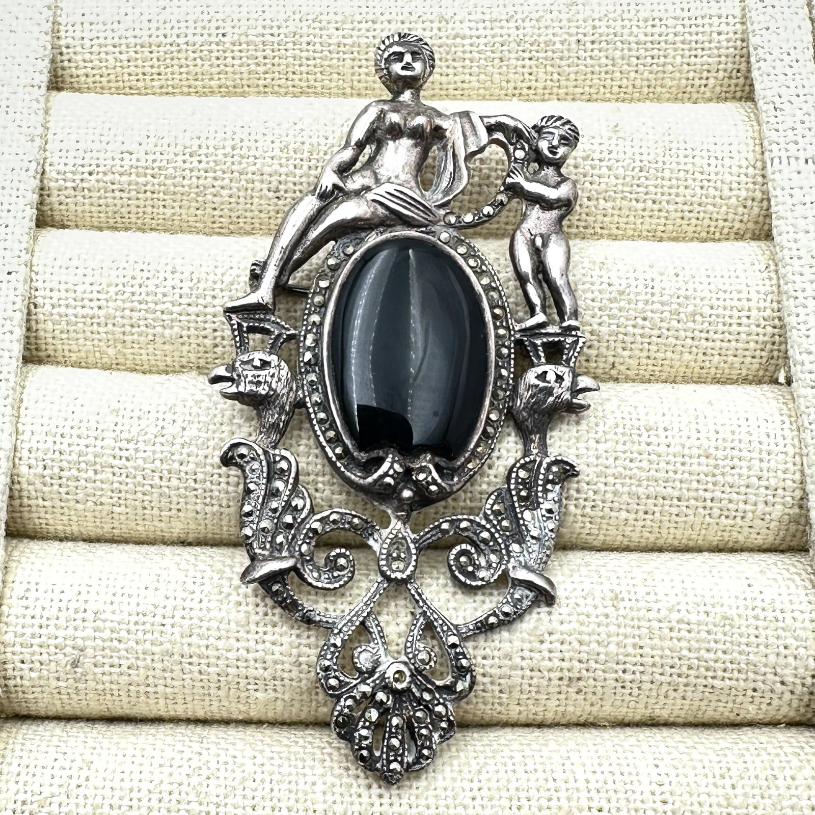 Vintage Marcasite Black Onyx Angels Cherubs Birds Ornate Sterling Silver Brooch Pin 3 Inch Weight 24 (1 of 2)