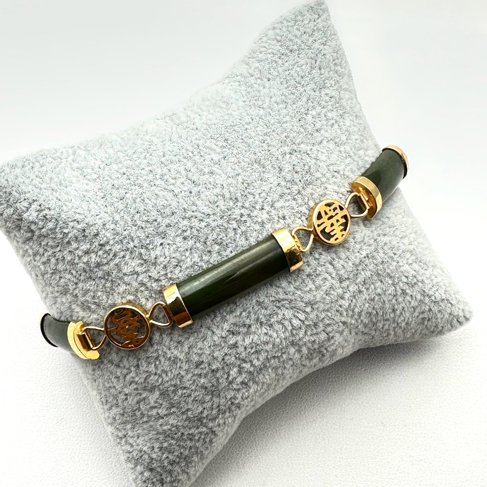 Vintage Chinese Export Gold Plated Sterling Silver Green Jade Bracelet 7 3/4 Inch (1 of 2)