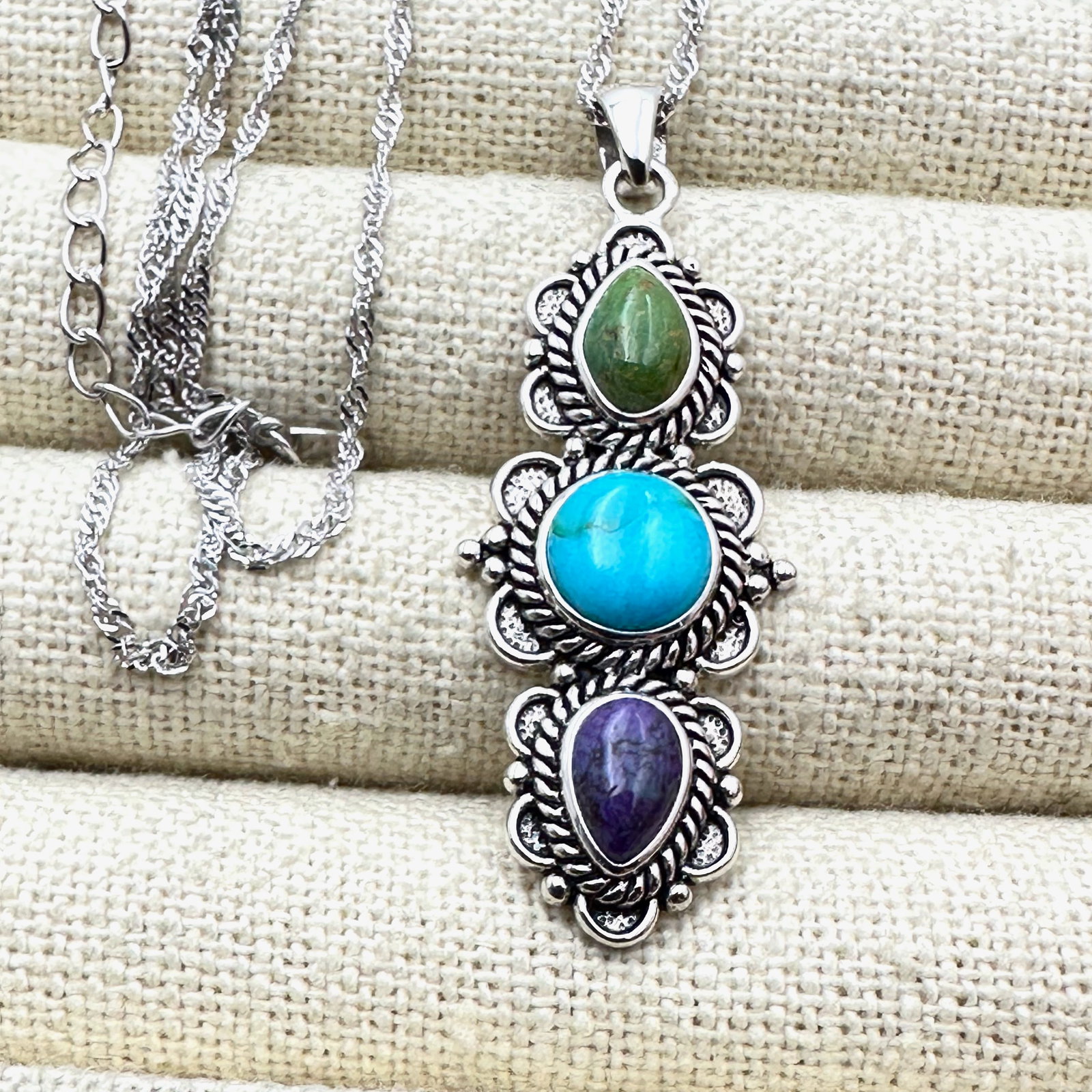 Three Colors of Turquoise Sterling Silver 2 Inch Pendant Necklace 18 to 20 Inch Chain (1 of 2)