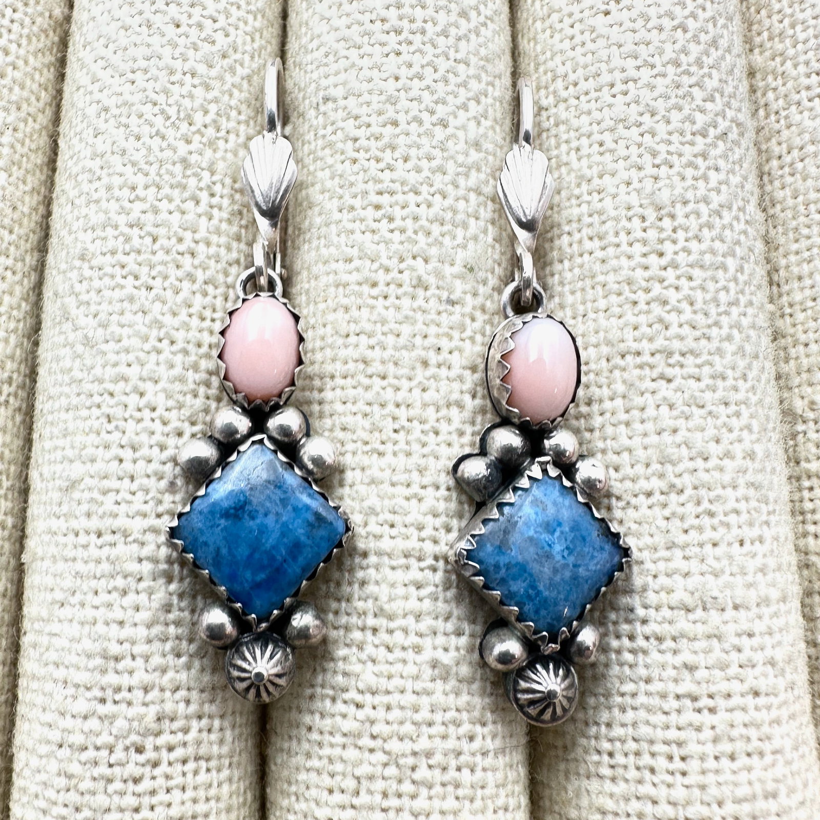 Vintage Carolyn Pollack Lapis and Pink Gemstone Sterling Silver Pierced Earrings 2 Inch Length (1 of 2)