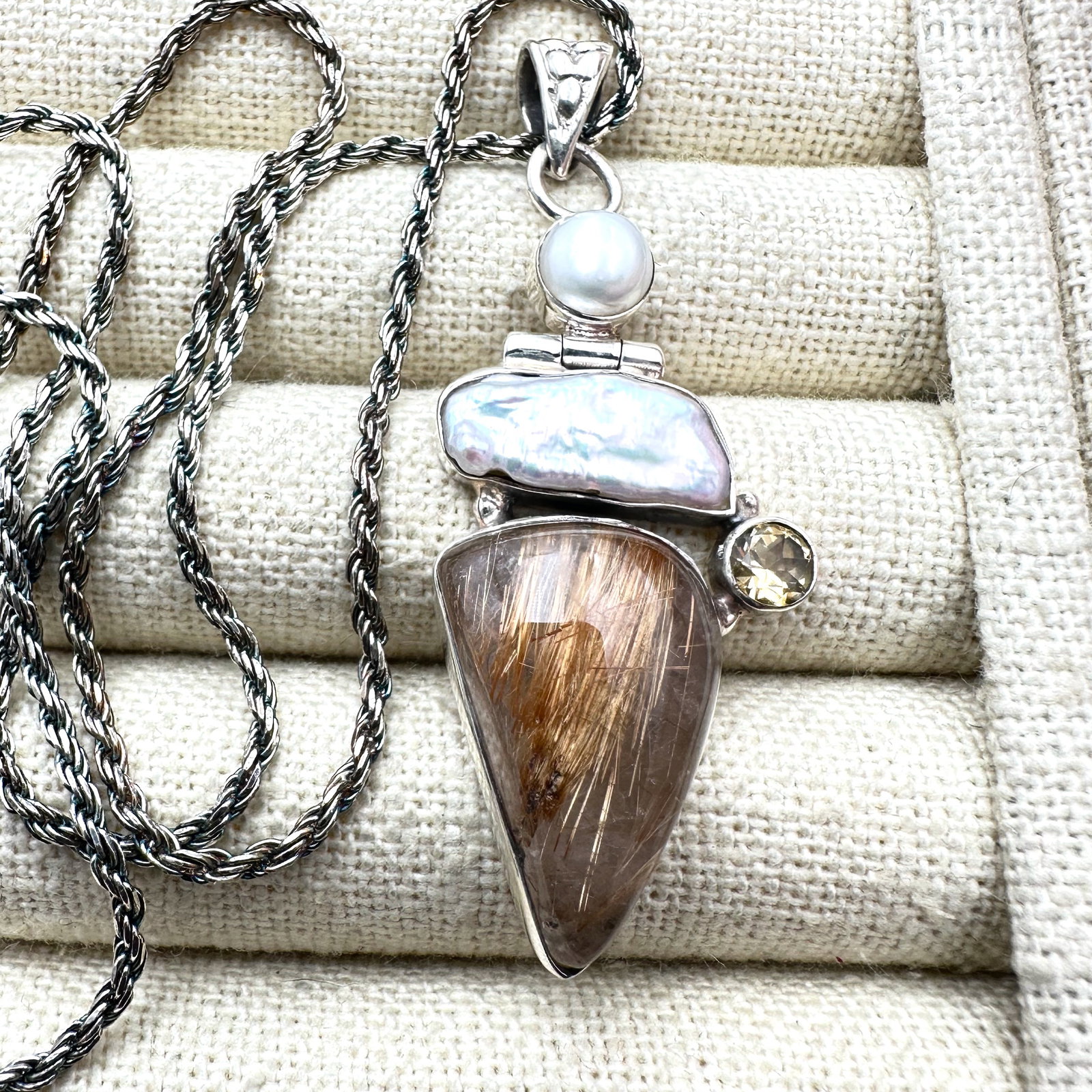 Pearl Citrine and Rutilated Quartz Pendant Sterling Silver Necklace Chain 17 Inch Weight 16 Grams (1 of 2)