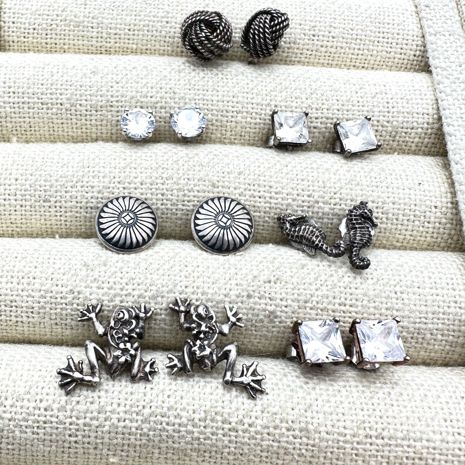 Lot of Sterling Silver Pierced Earrings Frogs Sea Horse CZ Knot and More (1 of 2)