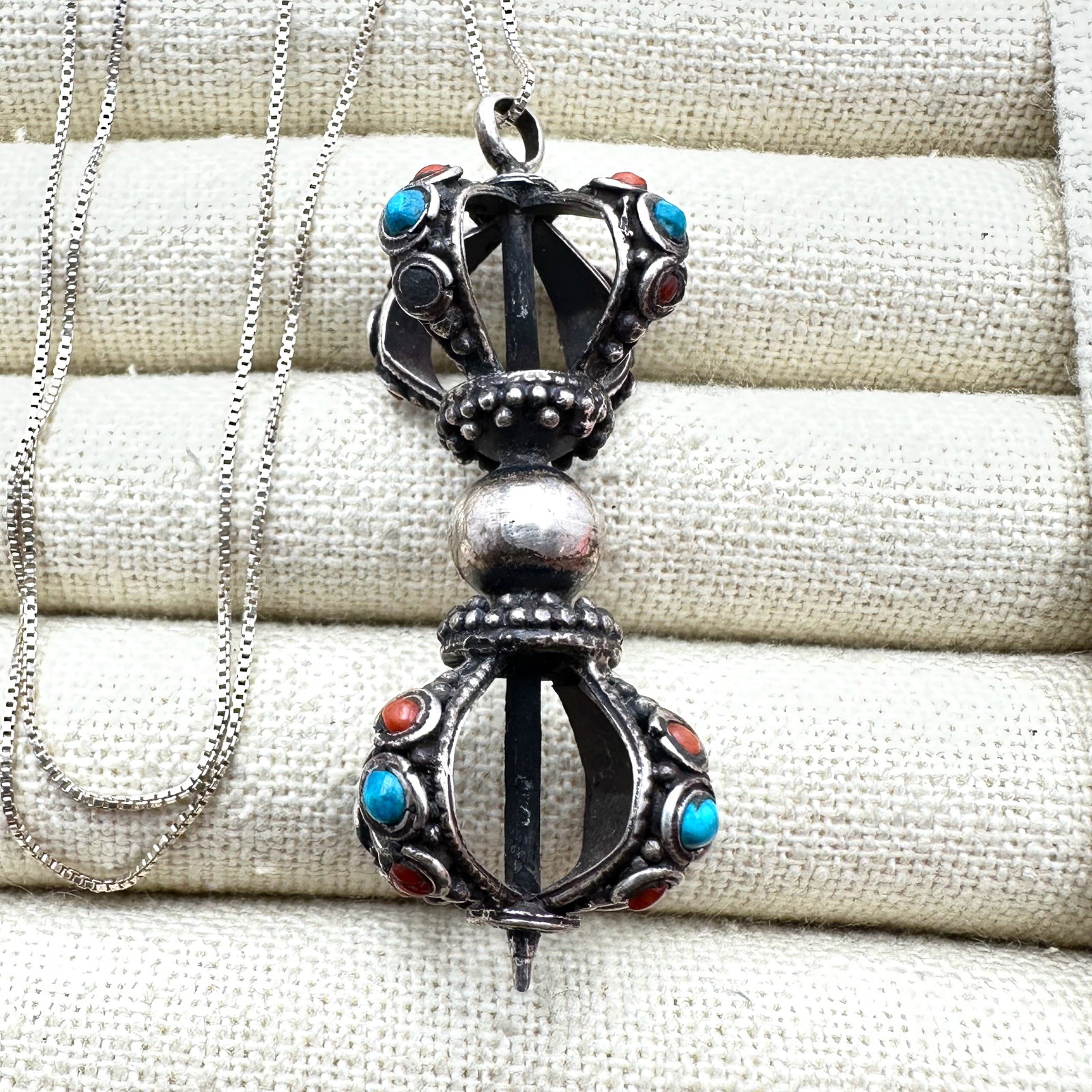 Vintage Vajra Dorje Buddhist 9 Point Sterling Silver Pendant Necklace 16 Inch Chain (1 of 2)