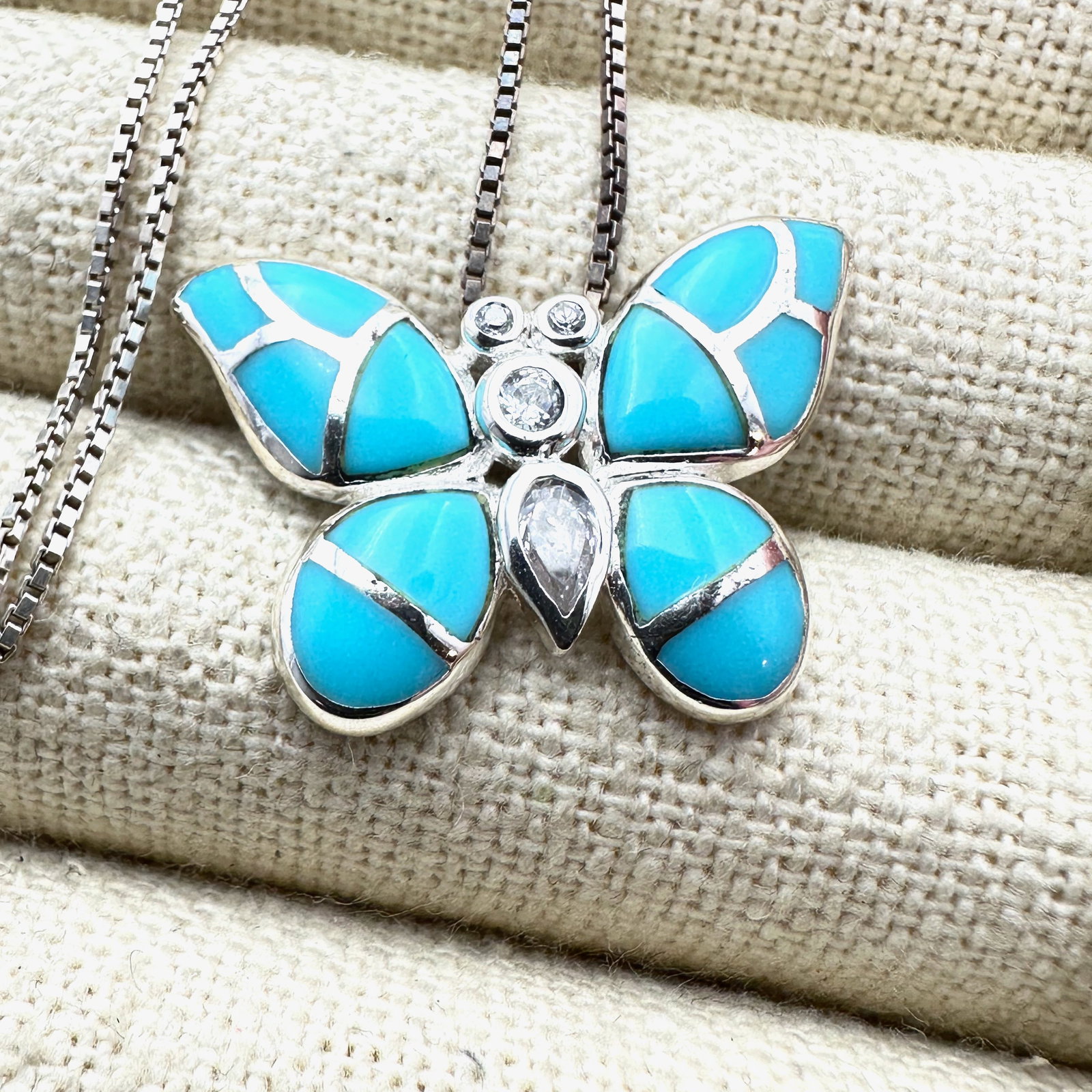 Turquoise Butterfly Pendant Necklace Sterling Silver Chain 17 Inches (1 of 2)
