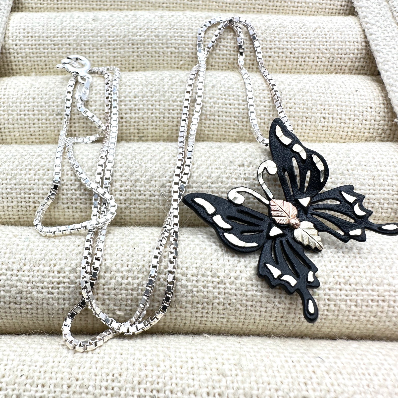 Black Hills Gold Accented Butterfly Pendant Necklace Sterling Silver Chain 18 Inches (1 of 2)