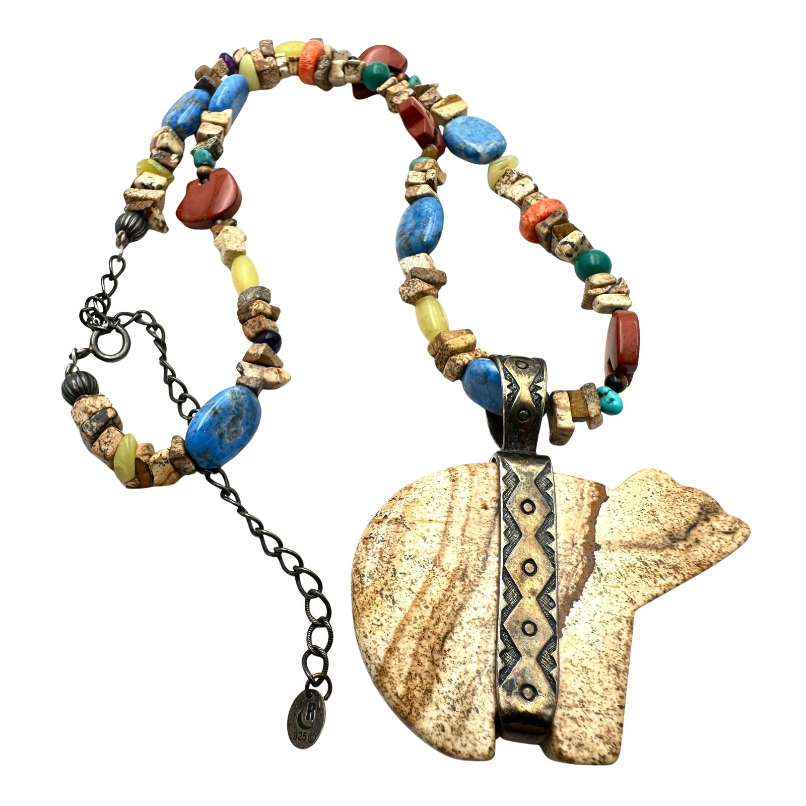 Vintage Carolyn Pollack Large Jasper Fetish Bear Sterling Silver Pendant Necklace Multi Gemstone (1 of 2)